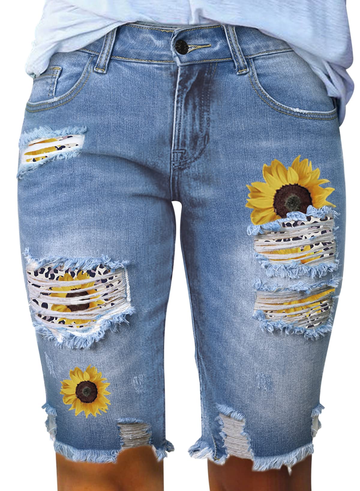 Sidefeel Women's Distressed Denim Bermuda Shorts with Raw Hem - Casual Summer Shorts for Beach, Travel & Everyday Wear