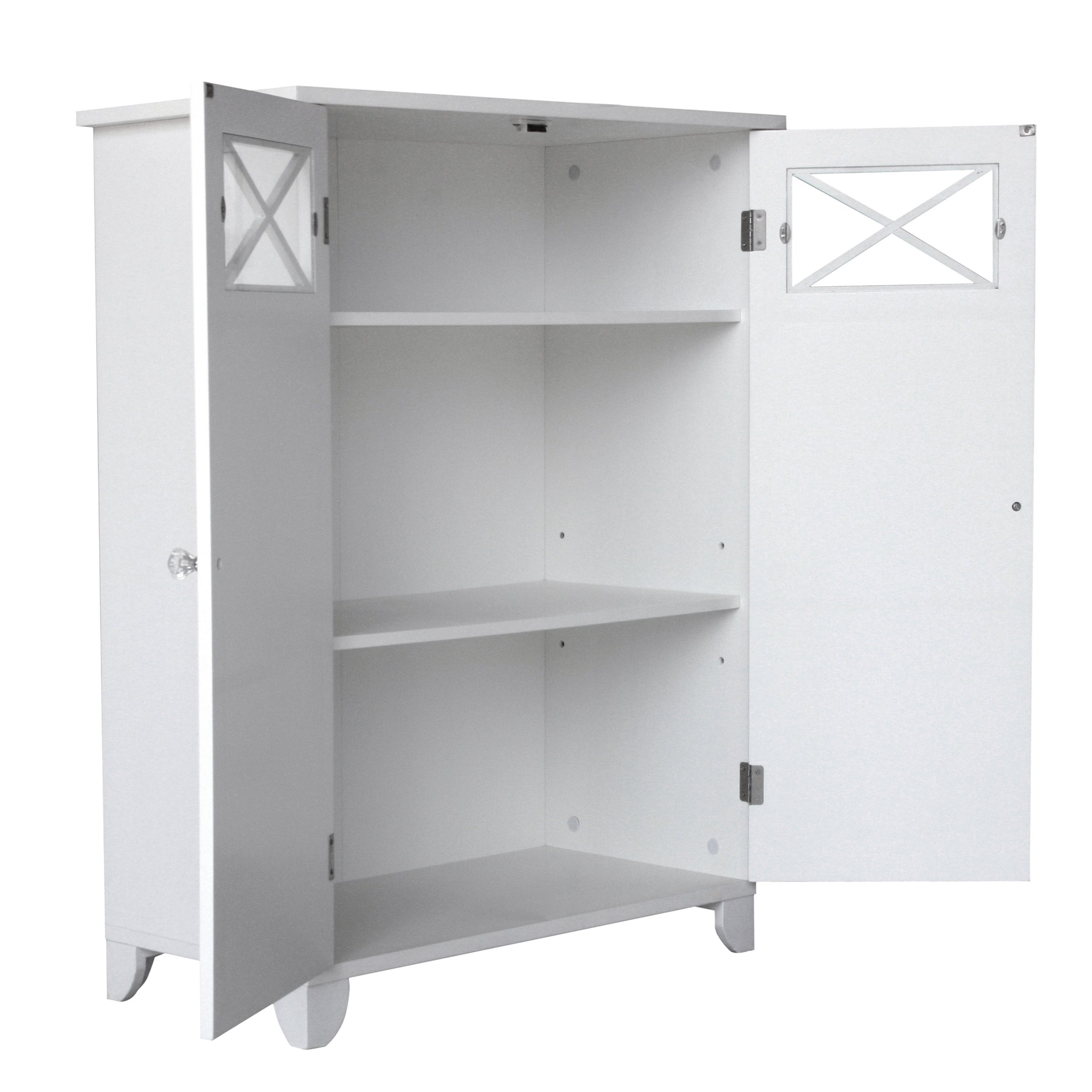 Teamson Home Dawson White Wooden Freestanding Floor Cabinet - 3 Storage Spaces, 1 Fixed & 1 Adjustable Shelf, 2 Glass Panel Doors with Clear Knobs - Perfect for Living Room, Bedroom, or Office Storage & Display