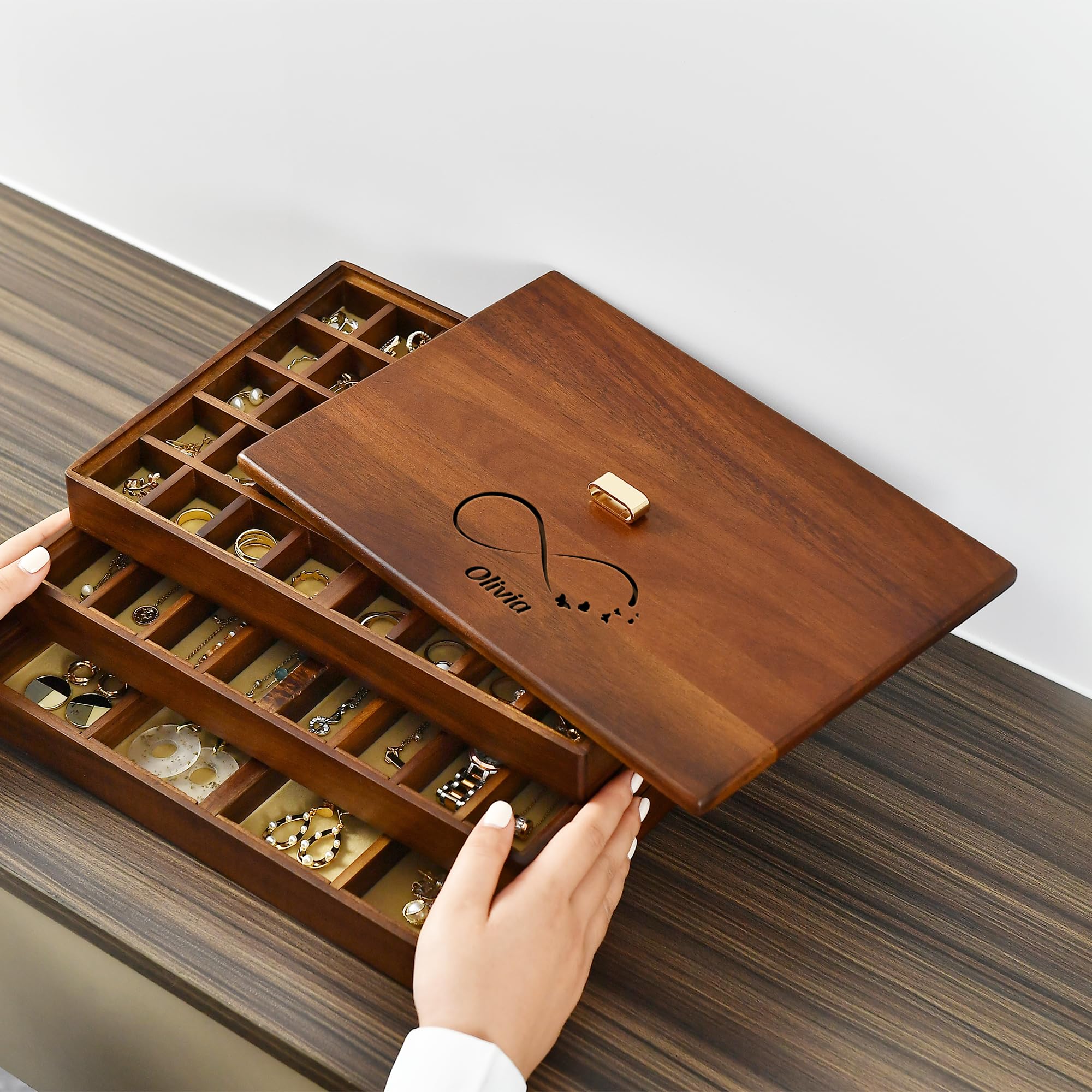 Shanik Custom Engraved Jewelry Organizer Box for Women - 3 Tier Stackable Jewelry Tray with Adjustable Compartments for Rings, Necklaces, Earrings - Perfect for Bedroom Vanity, Travel & Gift Giving