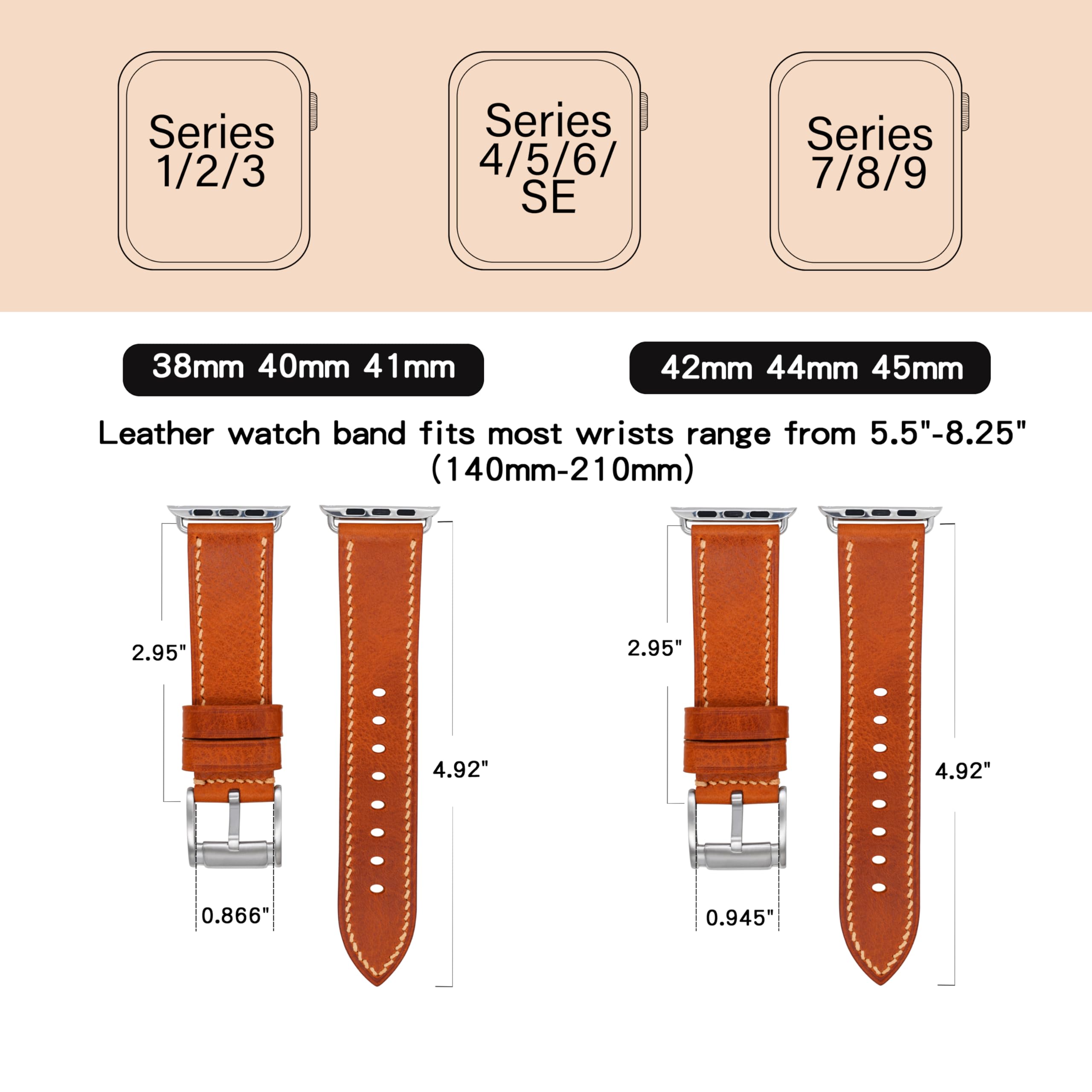 Premium Genuine Leather Apple Watch Band - Compatible with 38mm/40mm/41mm & 42mm/44mm/45mm Models - Vintage Full Grain Leather Strap for Series 9/8/7/6/5/4/3/2/1/SE - Perfect for Business, Casual & Everyday Wear