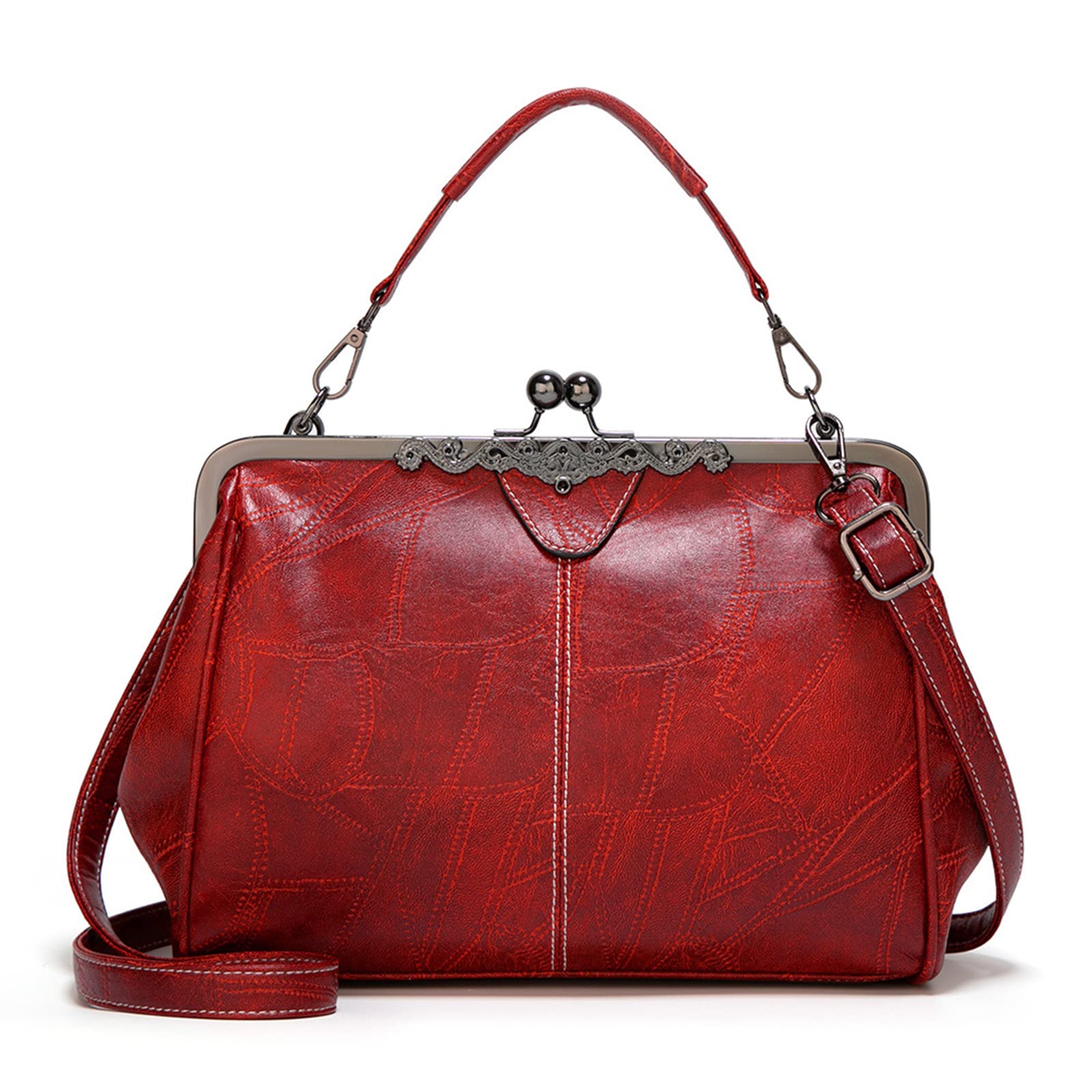 Vintage Women's Kiss Lock Handbag - Genuine Oil Leather Evening Clutch Satchel Purse for Parties, Dinner & Special Occasions