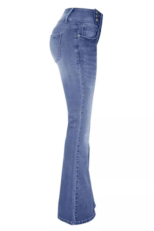 Vintage High Waist Flared Jeans with Side Button Pockets - Retro 70s Style Denim Pants for Women, Perfect for Casual Outings & Boho Fashion Looks
