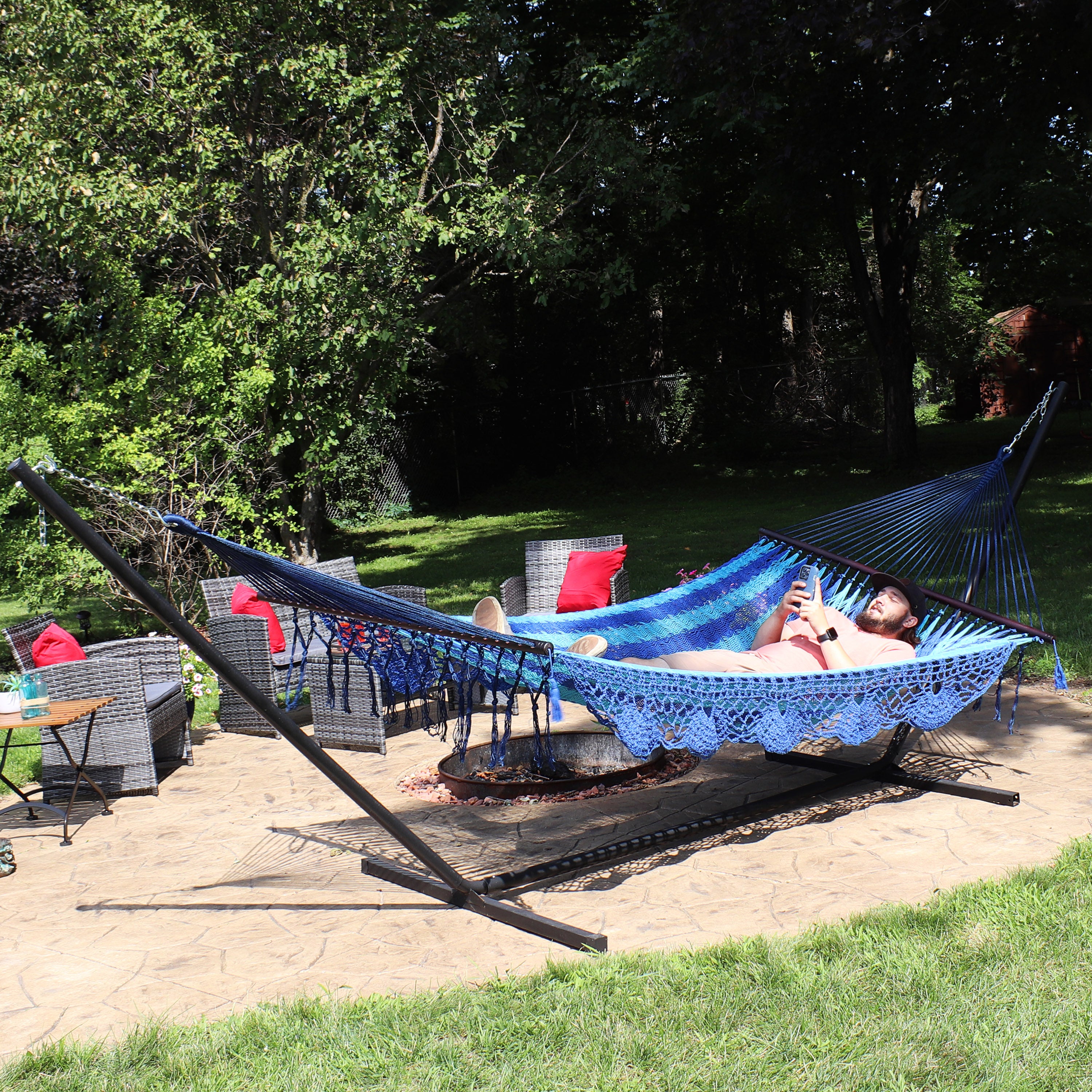 Premium Sunnydaze Deluxe American-Style Mayan Hammock with 15-Foot Steel Stand - Perfect for Backyard, Patio, Poolside & Outdoor Relaxation