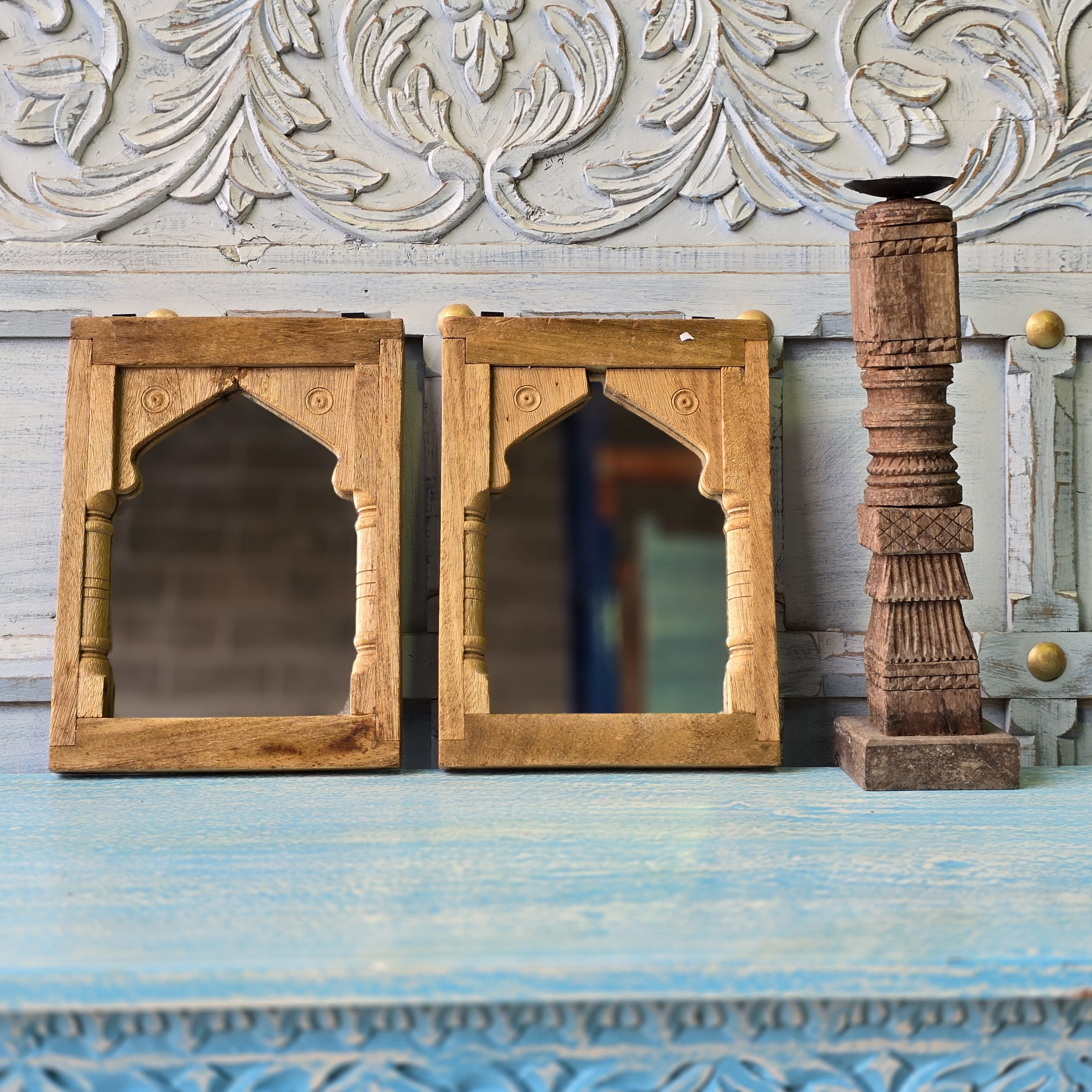 Hand Carved Indian Solid Wood Temple Mirror - Brown Wooden Wall Mirror for Home Decor, Spiritual Space & Meditation Room - Perfect for Boho, Ethnic & Traditional Interior Design Styles