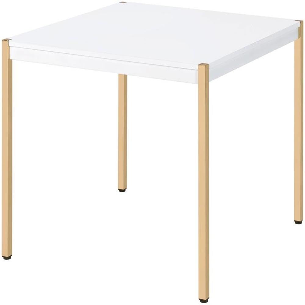 Acme Otrac Square Wooden End Table with Tube Legs - White & Gold Modern Side Table for Living Room, Bedroom, or Office Decor