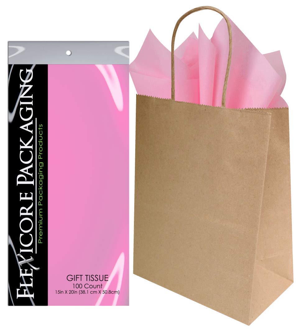 Eco-Friendly Kraft Paper Gift Bags with Light Pink Tissue Wrap - 8