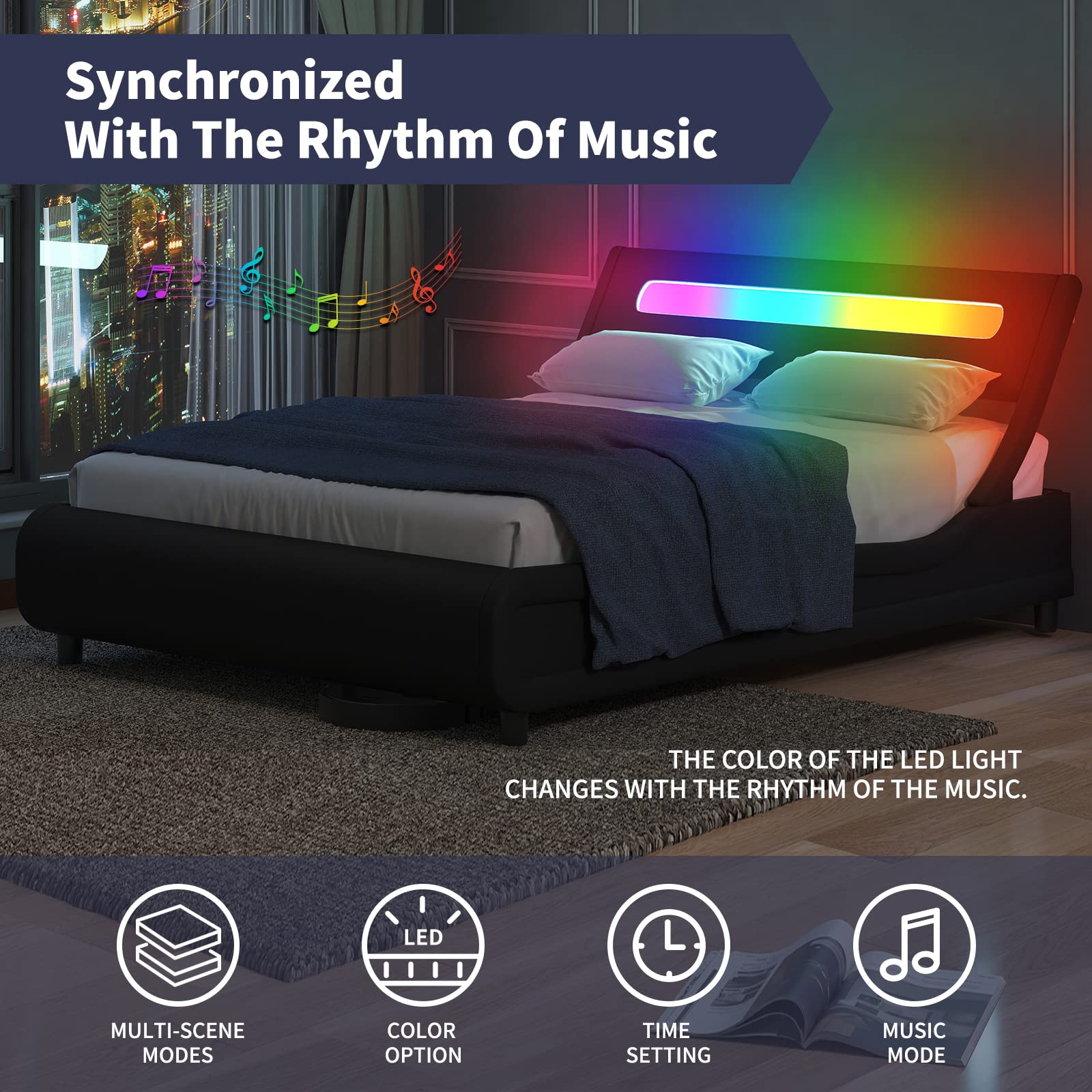 Modern LED Queen Size Bed Frame - Upholstered Platform Bed with PVC Headboard & Wooden Slats Support, No Box Spring Needed - Durable Sleigh Design for Bedroom, Guest Room, or Apartment - Black