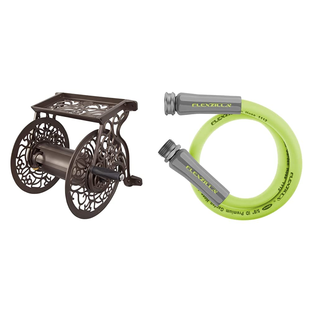 Liberty Garden 704 Decorative Cast Aluminum Wall Mount Garden Hose Reel - Bronze, Holds 125-Feet of 5/8-Inch Hose | Flexzilla HFZG503YW Lead-in Hose 3' ZillaGreen | Outdoor Watering Solution for Garden, Yard & Patio