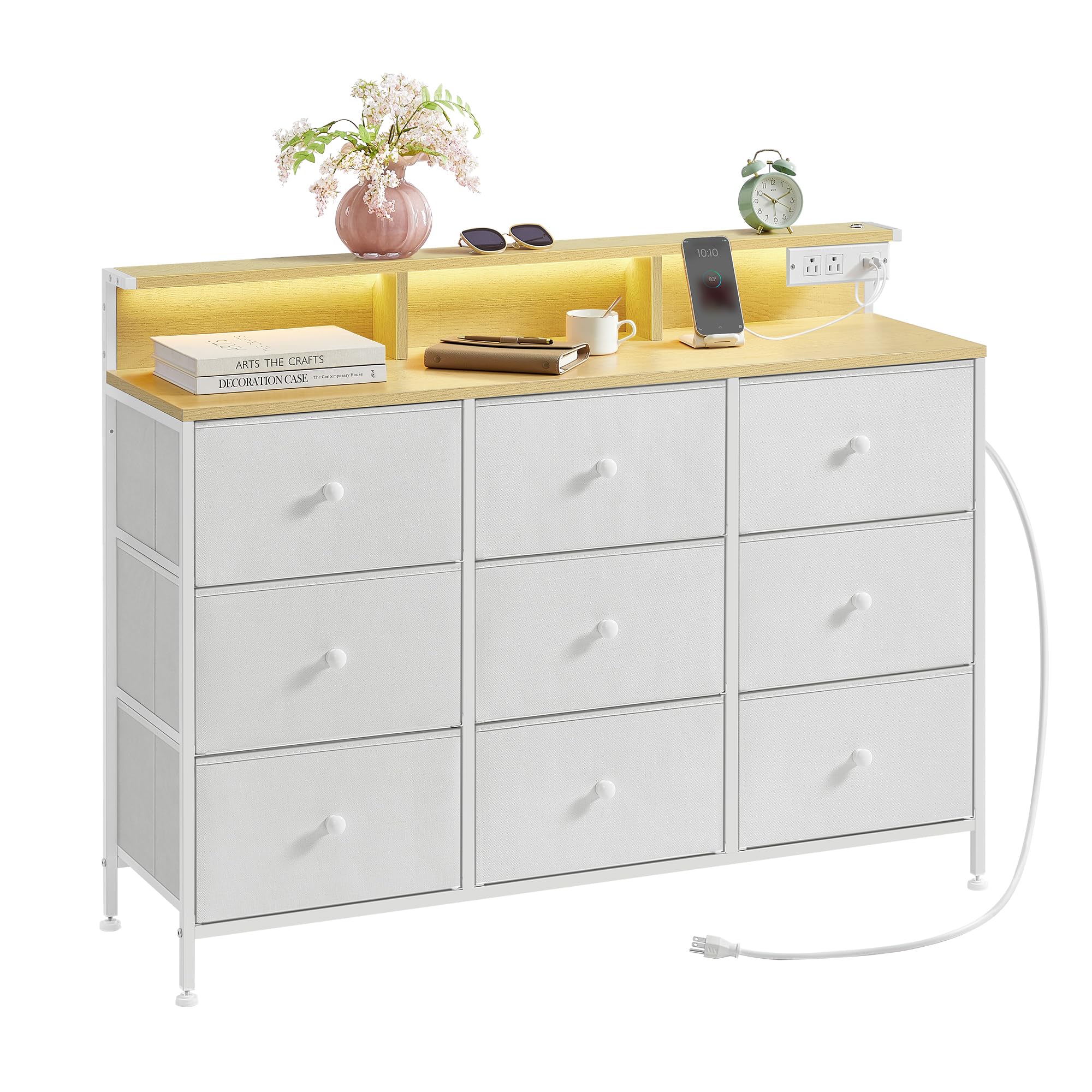 SONGMICS 9-Drawer Fabric Dresser with LED Lights & USB Charging Station - Sturdy Steel Frame Bedroom Storage Organizer, 13.2