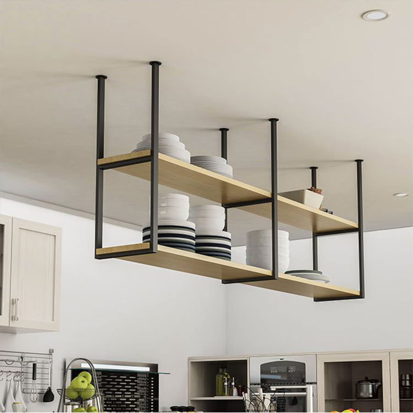 Industrial Black Wrought Iron Floating Shelf with Solid Wood - 80x30x80cm Ceiling Mounted Storage for Wine, Plants & Kitchen Decor | Perfect for Modern Home, Bar, Restaurant & Office Display