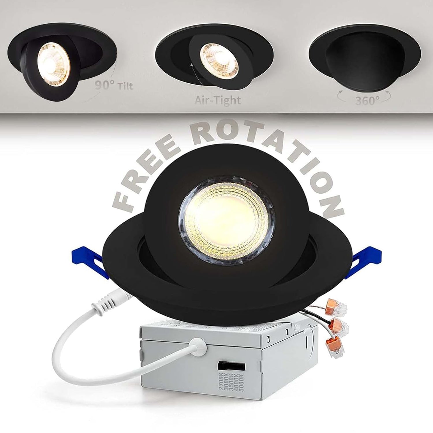 4 Inch LED Canless Recessed Light - 5CCT Dimmable Adjustable Gimbal Eyeball Light with Junction Box, ETL Certified - Perfect for Kitchen, Living Room & Bedroom Lighting