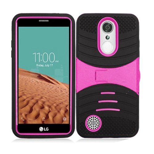 LG Rebel 3 LTE TracFone Case Rugged Heavy Duty Armor Cover with Stand (L157BL GSM/L158VL CDMA) - Armor Black Skin & Pink Stand for Outdoor Work & Daily Protection