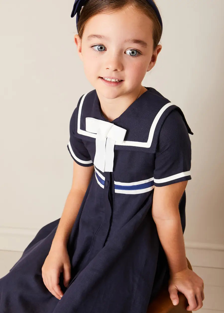 Navy Blue Mariner Collar Bow Detail Short Sleeve Dress for Girls (4-12 Years) - Perfect for School, Parties & Special Occasions