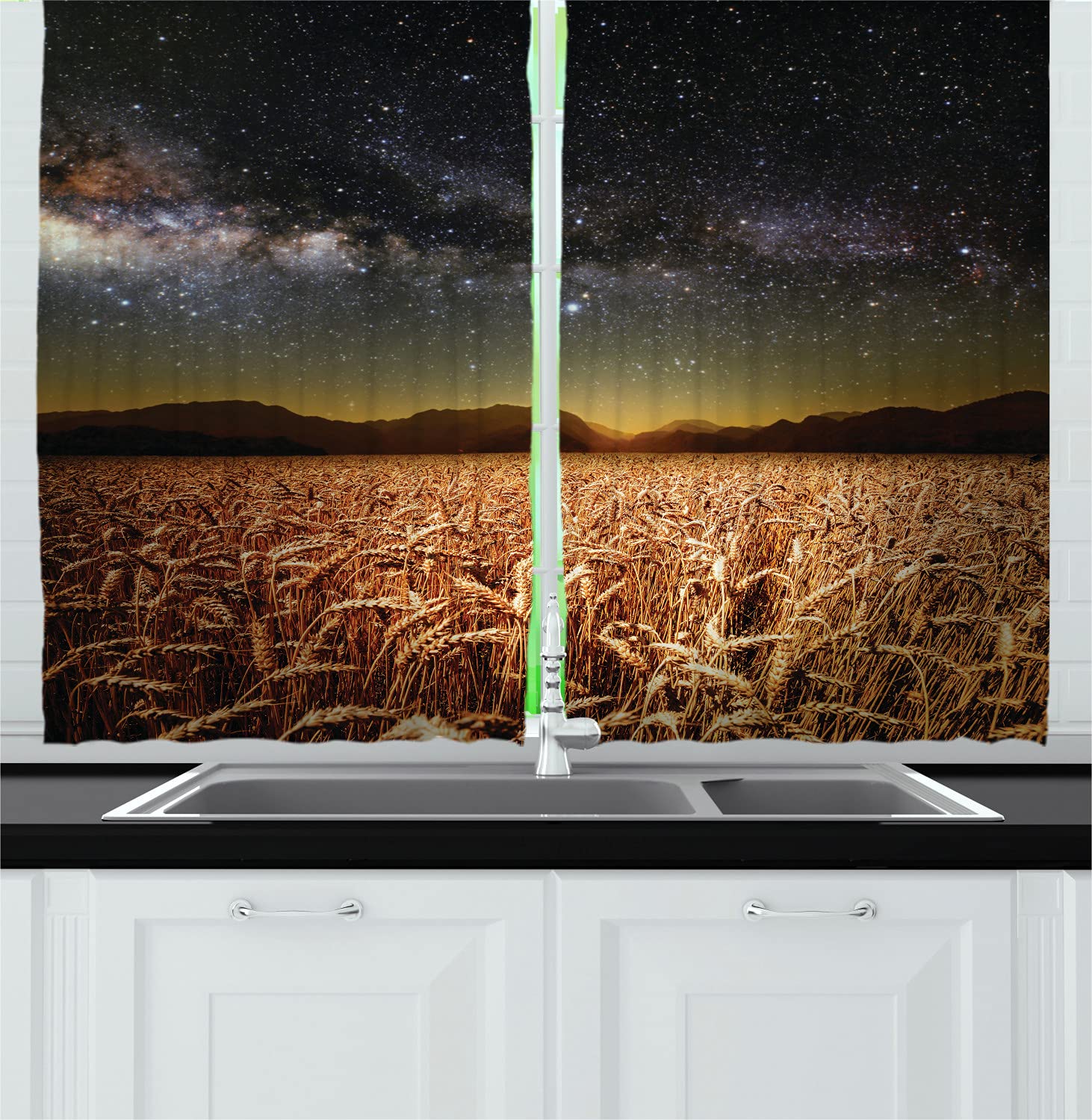 Ambesonne Space Themed Kitchen Curtains - Wheat Field Meadow Under Starry Sky Twilight Harvest Art Print, 2 Panel Drapes with Rod Pocket, 55 x 45 Inches, Tan Grey - Perfect for Farmhouse, Cottage & Boho Home Decor