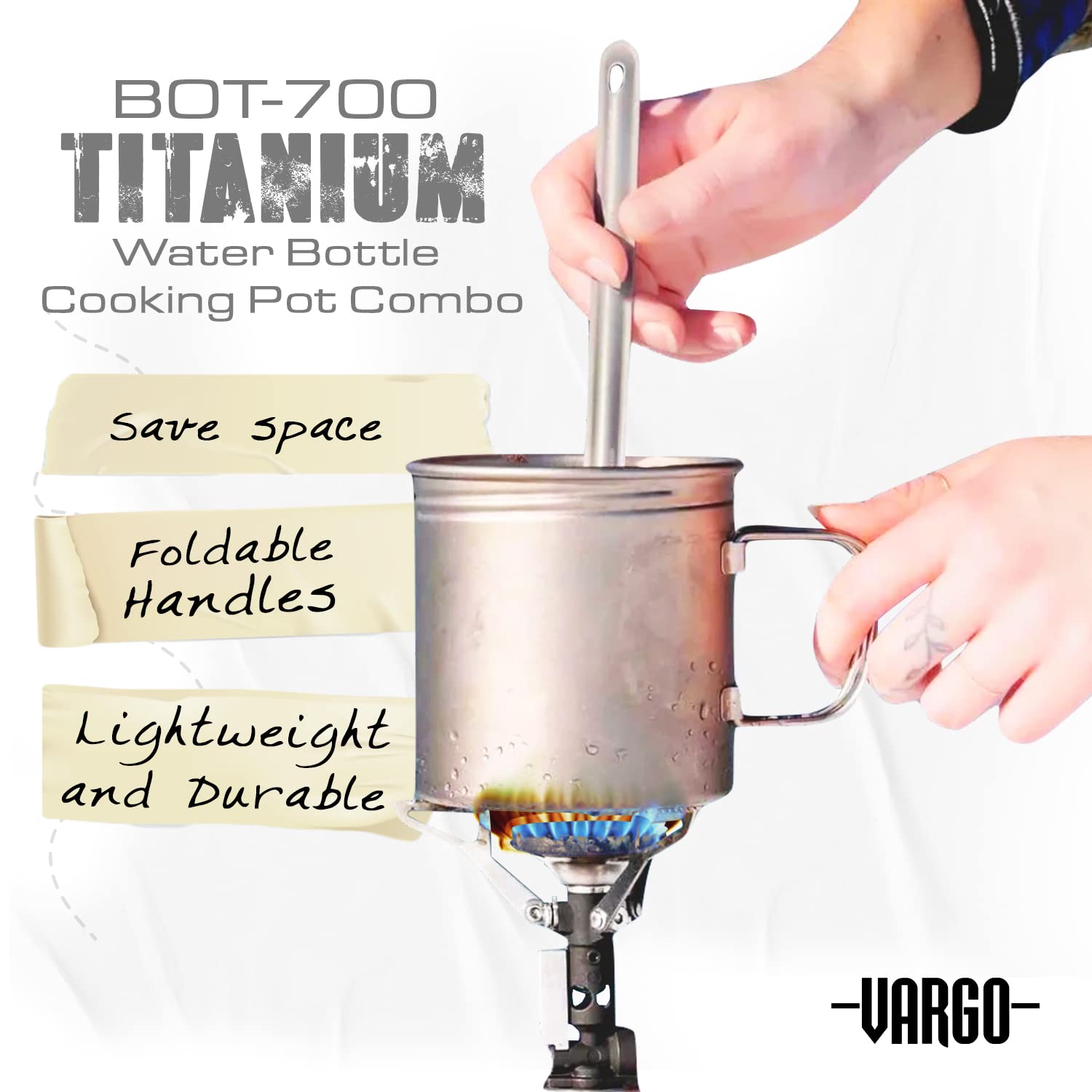Vargo Titanium BOT-700 | 700ml (23 oz) Lightweight Titanium Cooking Pot & Water Bottle with Foldable Handles & Leakproof Lid | Perfect for Camping, Hiking & Backpacking | Durable Outdoor Cookware