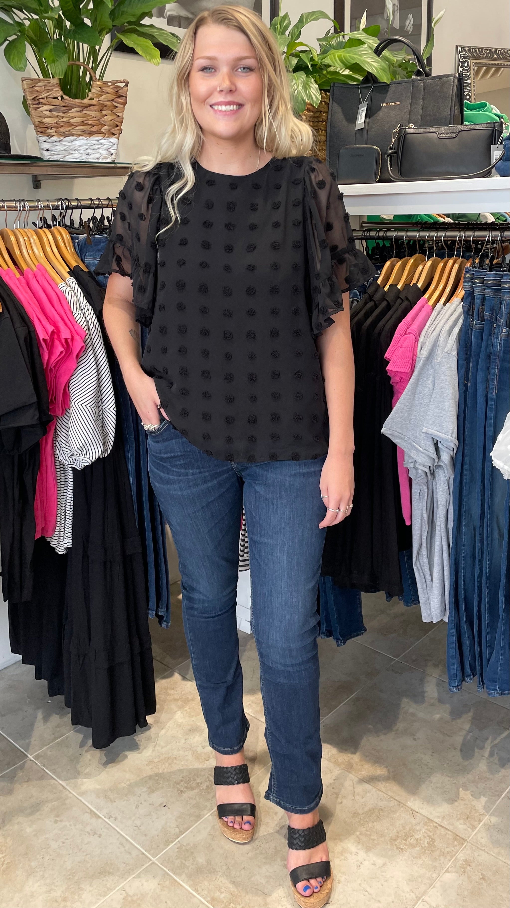 Libby Textured Dot Top for Women - Stylish Black Blouse for Casual & Office Wear | Perfect for Work, Dates & Everyday Outfits