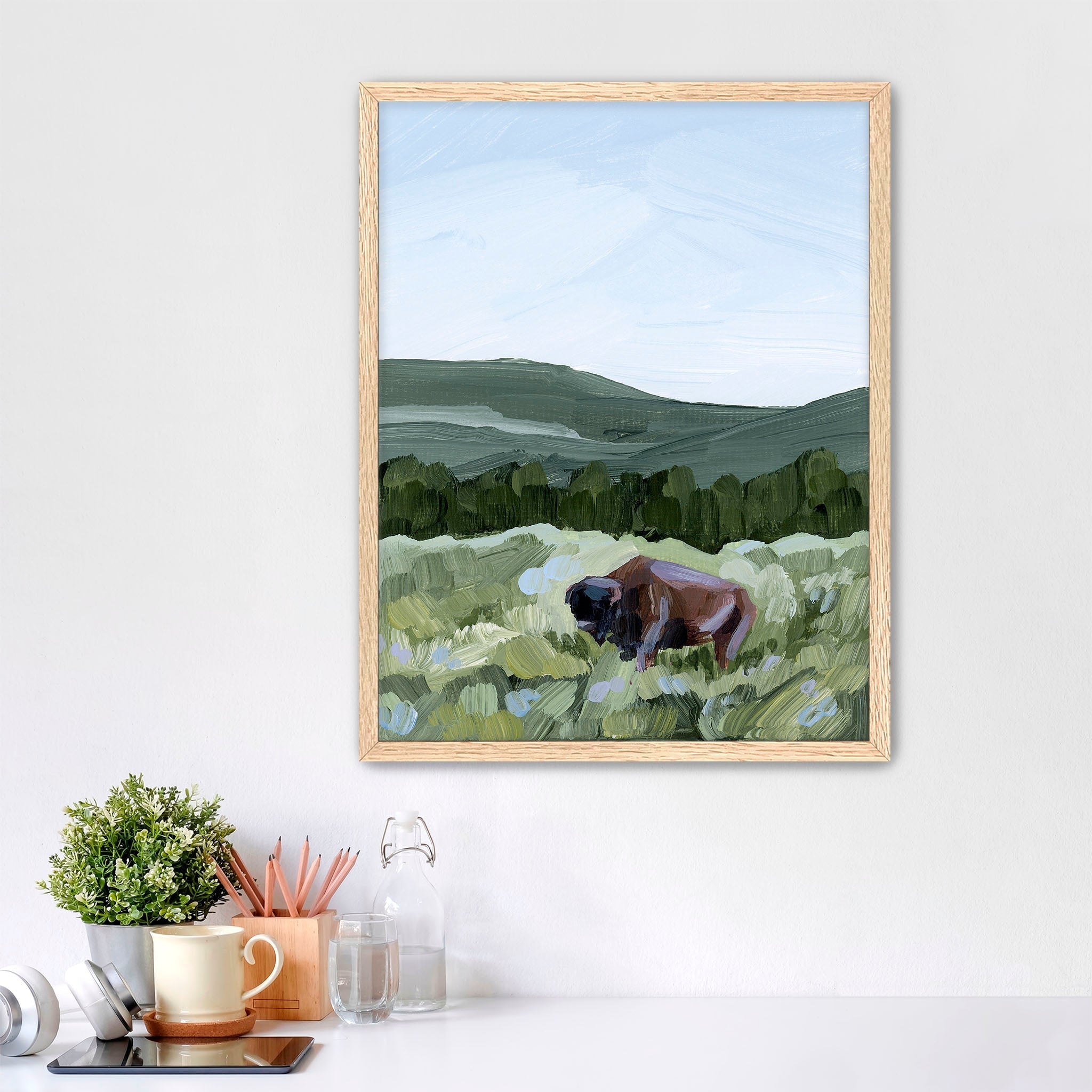 Yellowstone National Park Wildlife Grazing Art Print - Stunning Bison & Elk Landscape Wall Decor for Home, Office & Cabin