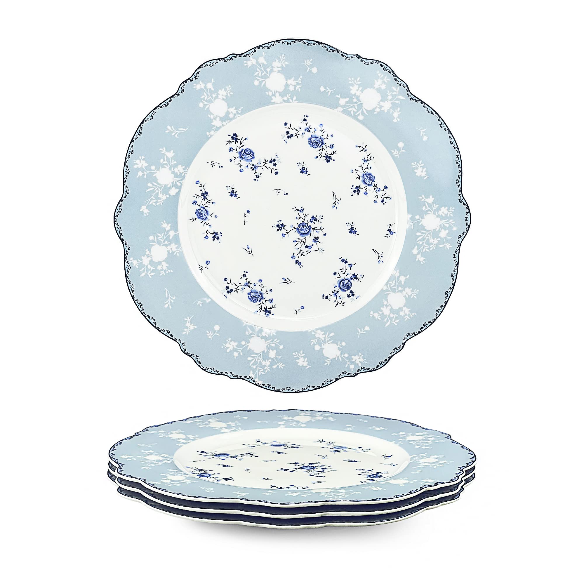 Fanquare 10 Inch Porcelain Dinner Plates Set of 4 - Elegant Blue Roses Lace Design Plates for Salad, Pasta, Soup & Dessert - Perfect for Dinner Parties, Weddings & Home Decor