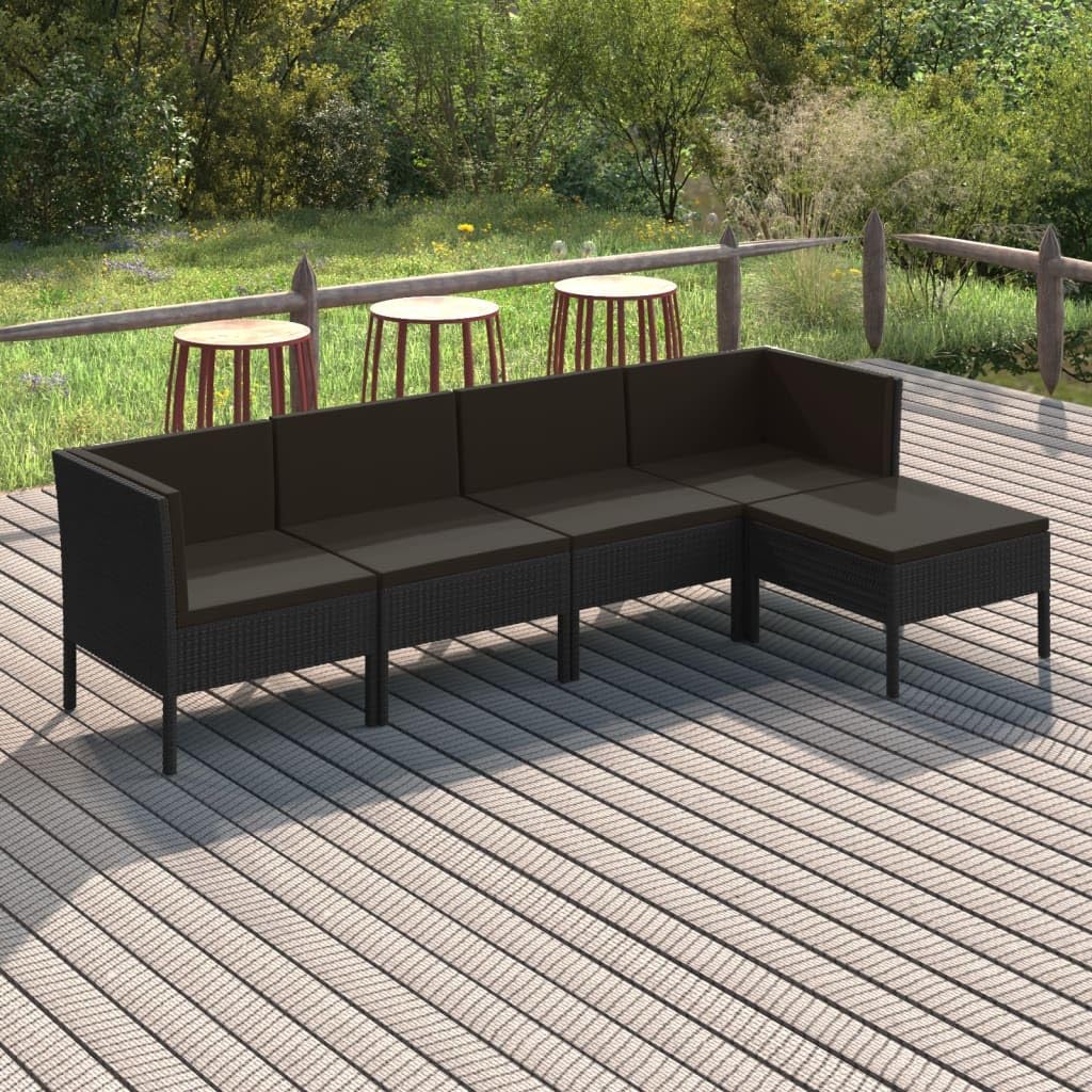 vidaXL 5-Piece Patio Lounge Set - Outdoor Sectional Sofa with Cushions, Modern Farmhouse Black Poly Rattan Furniture for Garden, Deck, Poolside & Backyard Relaxation