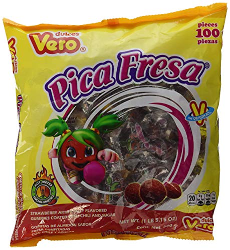 Vero Pica Fresa Chili Strawberry Flavor Gummy Mexican Candy - 100 Pieces, 1 LB (5.15 OZ) - Pack of 10 | Sweet & Spicy Treat for Parties, Snacking & Mexican Cuisine Lovers