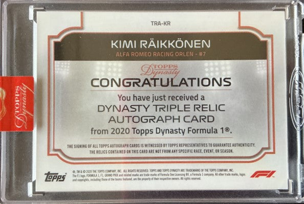 2020 Topps Dynasty F1 Kimi Raikkonen Triple Relic Autograph Card #TRA KR - Collectible Racing Memorabilia for F1 Fans & Sports Card Enthusiasts (Perfect for Display, Trading, or Investment)