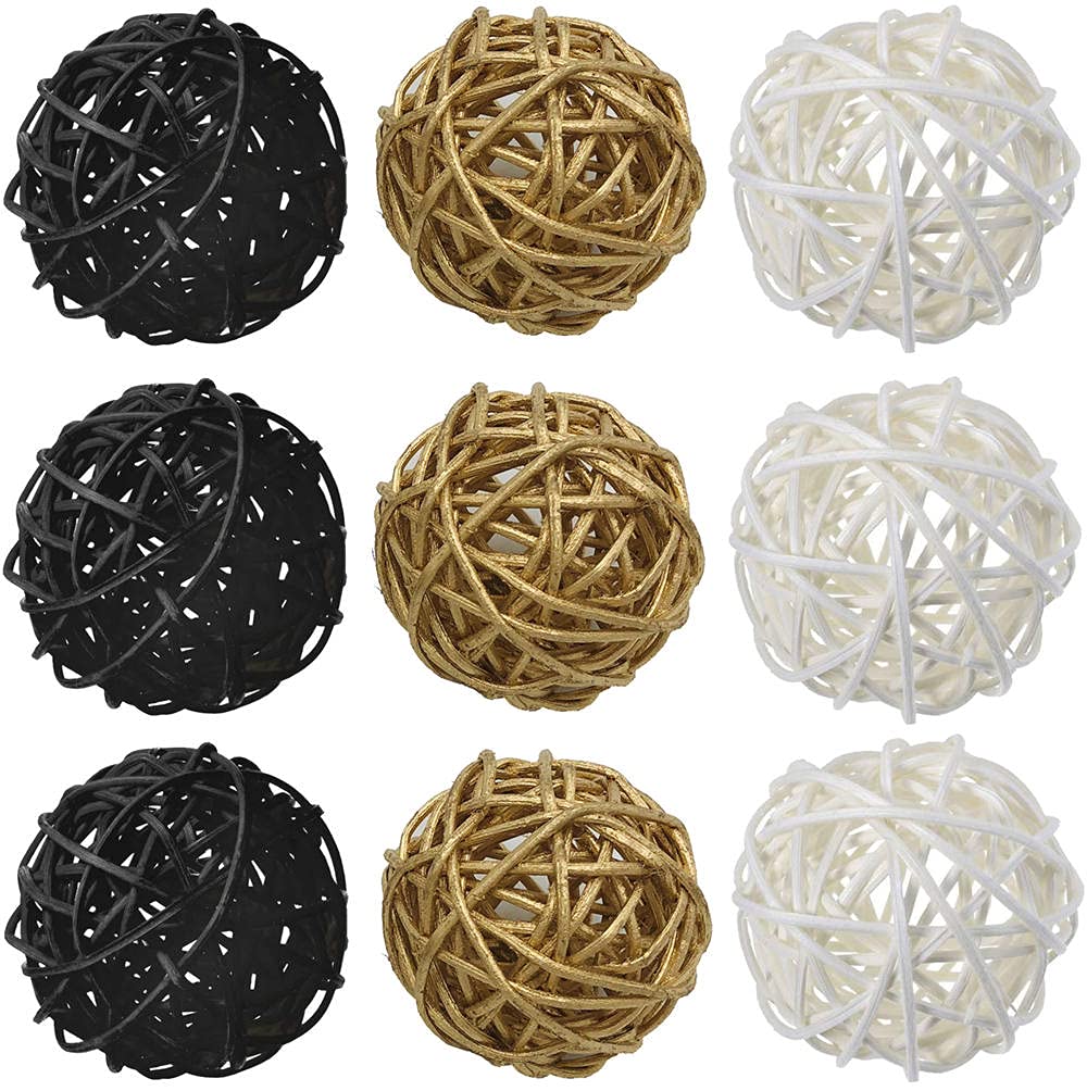 9-Piece 3-Inch Wicker Ball Decor Set - Natural Rattan Balls for Home Decor, DIY Vase Filler, Wedding Centerpieces, Nursery & Baby Room Décor (White, Black, Gold) - Perfect for Boho, Farmhouse & Rustic Style Decorating
