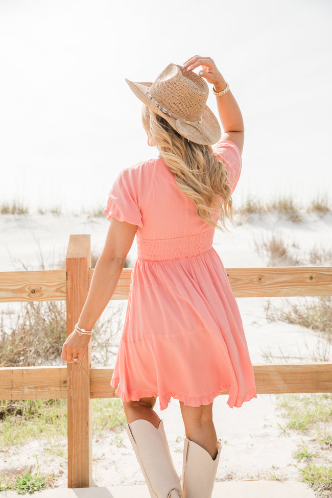 Urban Cowgirl Coral V-Neck Smocked Dress - Women's Floral Summer Maxi Dress for Beach, Vacation & Outdoor Events | FINAL SALE