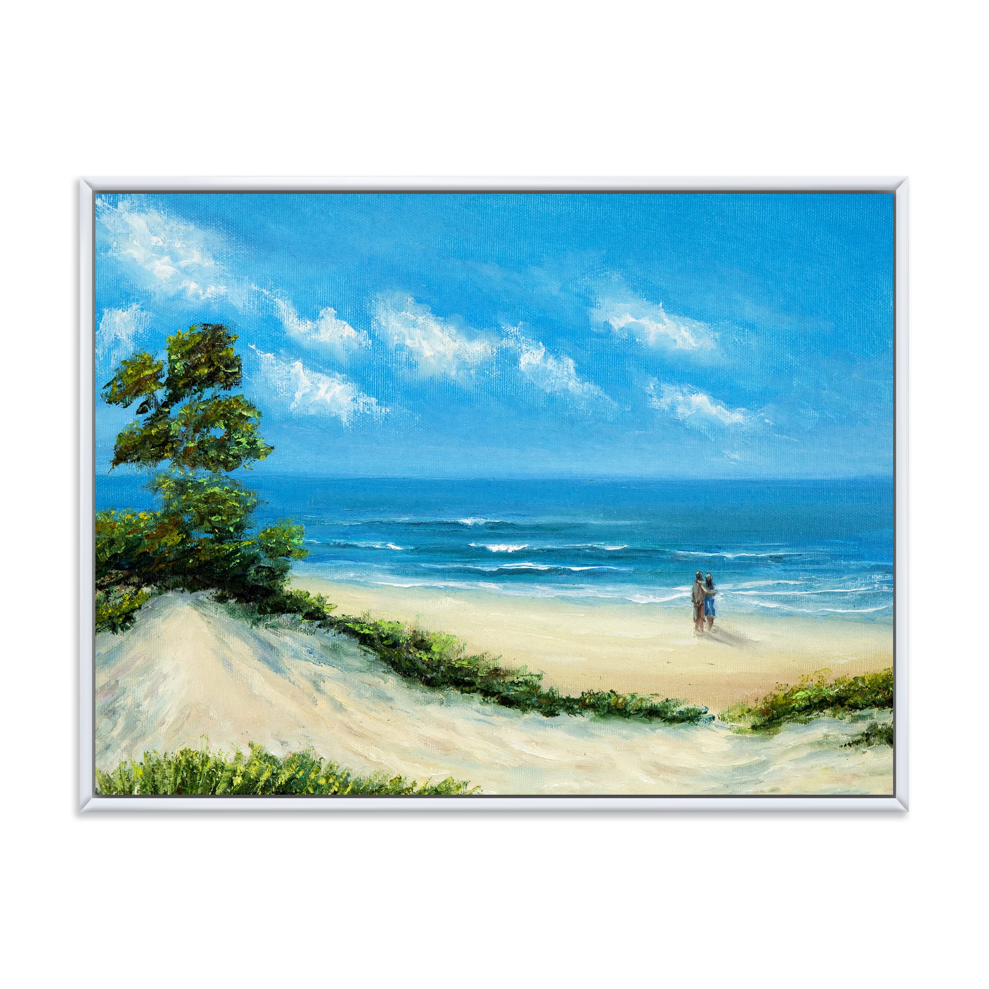 DesignQ Couple At The Beach - Coastal Framed Canvas Wall Art Print for Living Room, Bedroom & Office Decor | Nautical Home Decor Gift for Couples