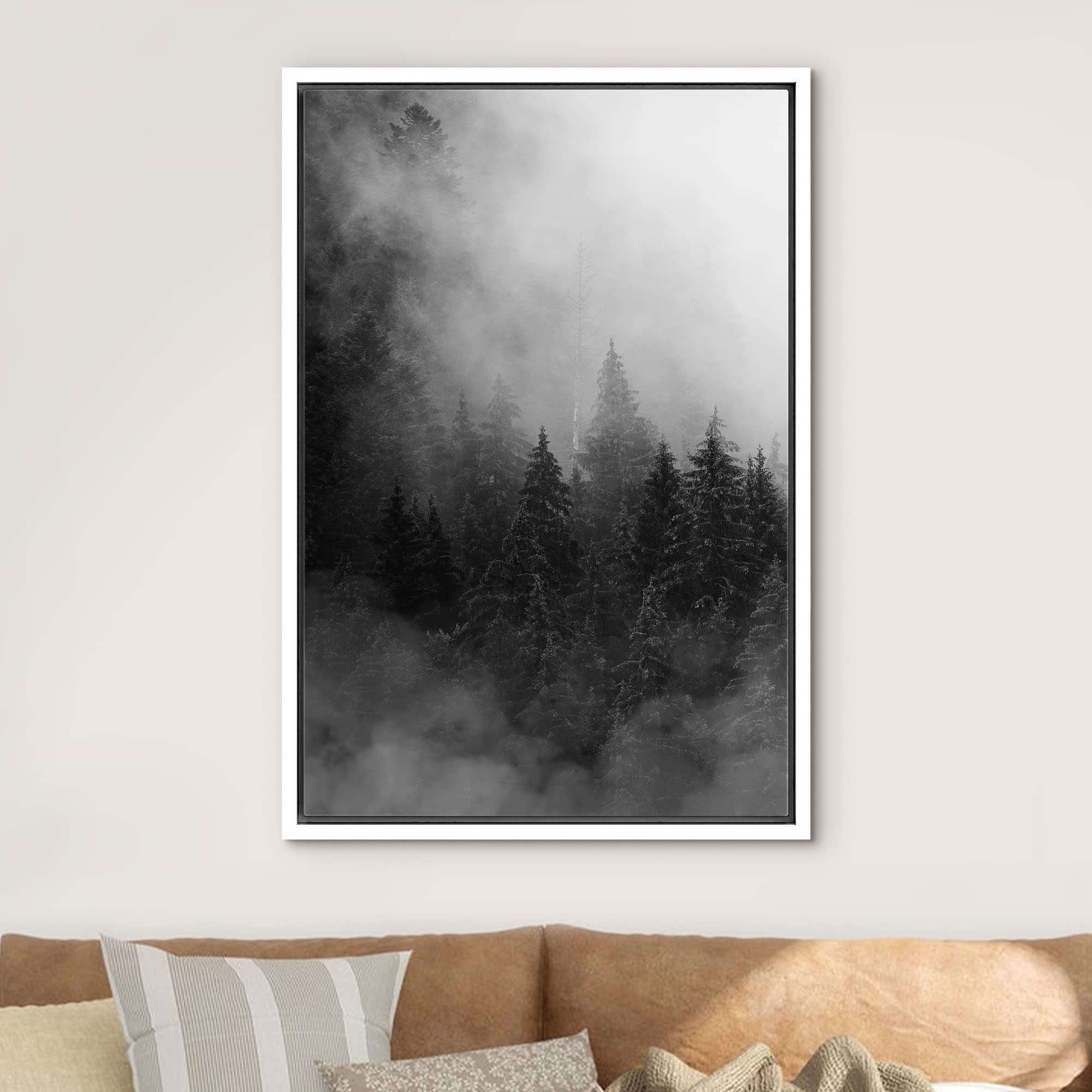 IDEA4WALL Framed Canvas Print Wall Art - Black & White Dark Pine Forest in The Mist, Nature Wilderness Realism, Dramatic Cool Woodland Nursery Decor for Living Room, Bedroom, Office, 16