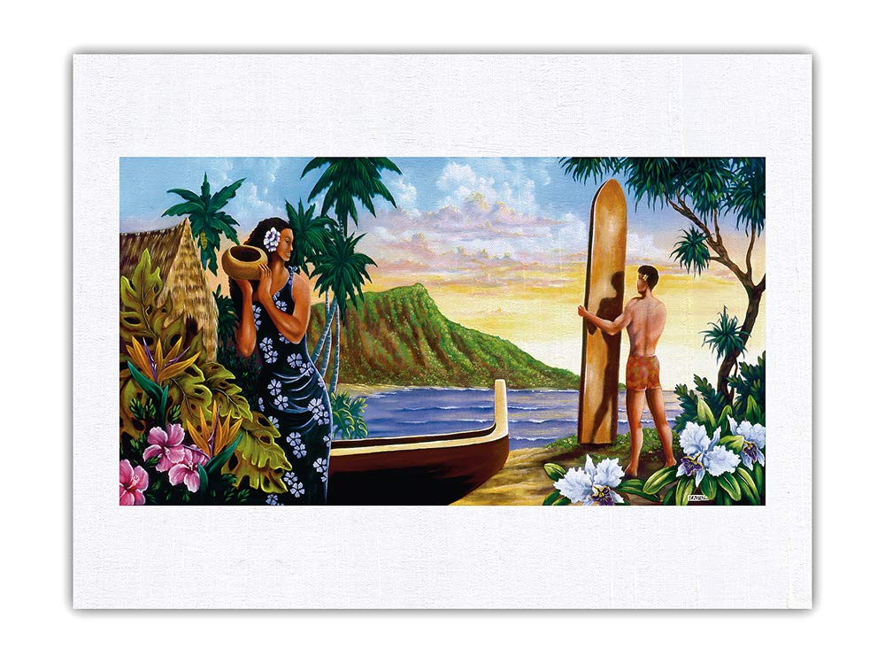 Pacifica Island Art Surfing in Paradise - Hawaiian Surfer Print on 100% Pure Silk Dupioni Fabric (24x32in) - Diamond Head Crater Hawaii Wall Decor - Original Warren Rapozo Painting Reproduction - Perfect for Beach House, Surf Shack or Tropical Home Decor