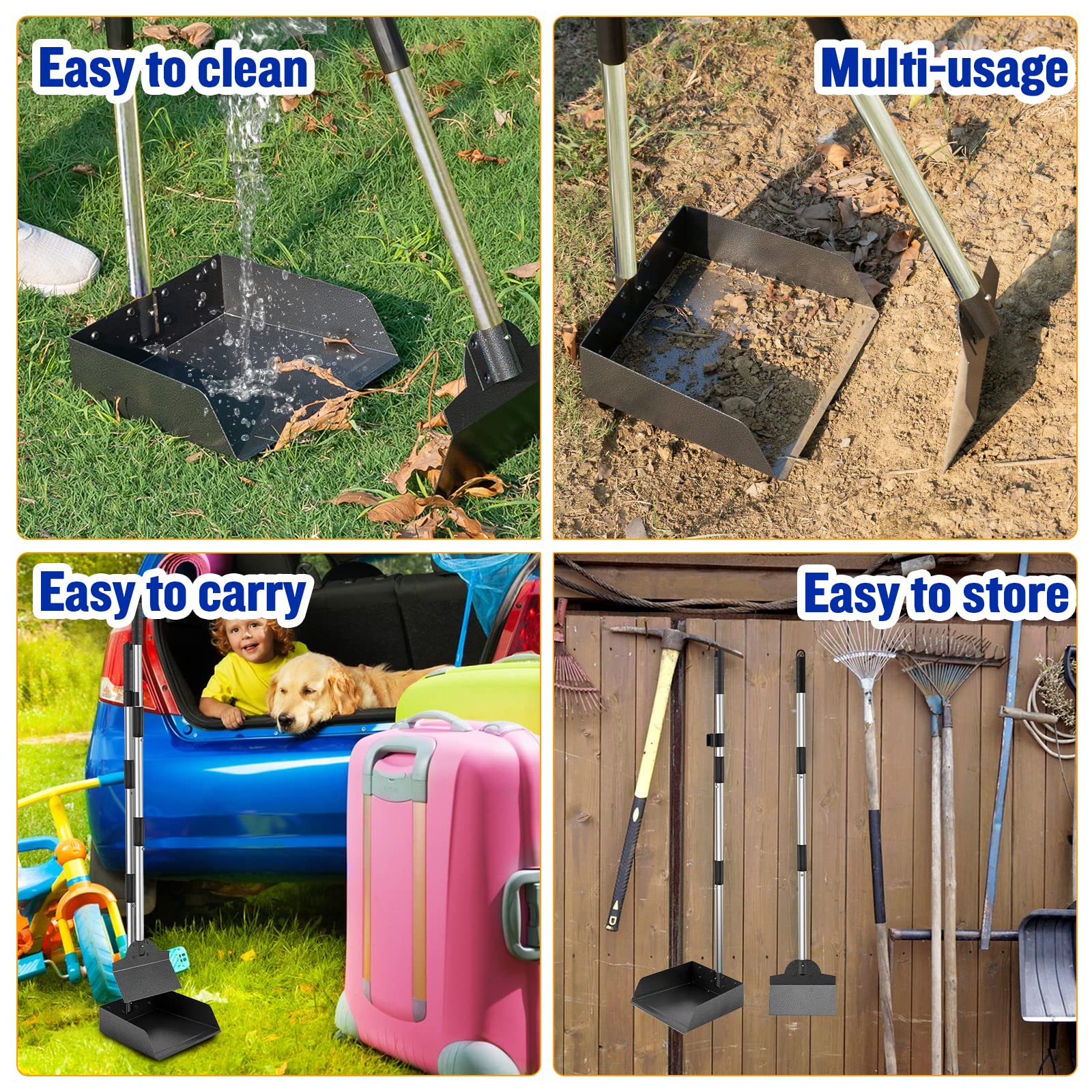 Adjustable Long Handle Dog Poop Scooper Set - 3-Pack Metal Tray Rake & Spade with Waste Bin for Easy Pet Cleanup | No Bending Required for Large & Small Dogs | Perfect for Backyards, Parks & Dog Walks