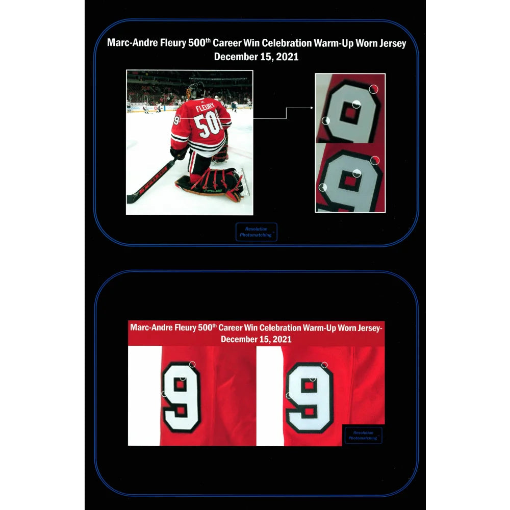 Authentic Marc Andre Fleury Game-Worn 500 Career Wins Chicago Blackhawks Jersey - Photomatched & Team COA Signed - Perfect for Hockey Memorabilia Collectors and NHL Fans Display
