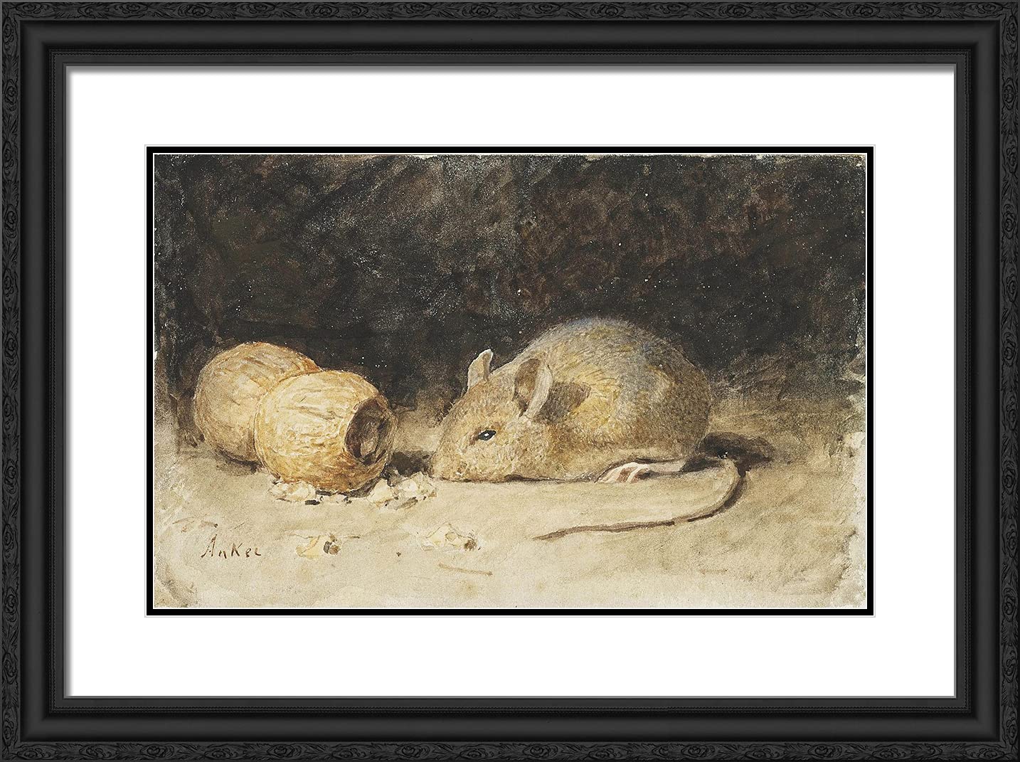 Albert Anker 'A Mouse with a Peanut' 24x18 Inch Black Ornate Framed Art Print with Double Matting - Vintage Swiss Oil Painting Reproduction for Living Room, Bedroom & Office Decor