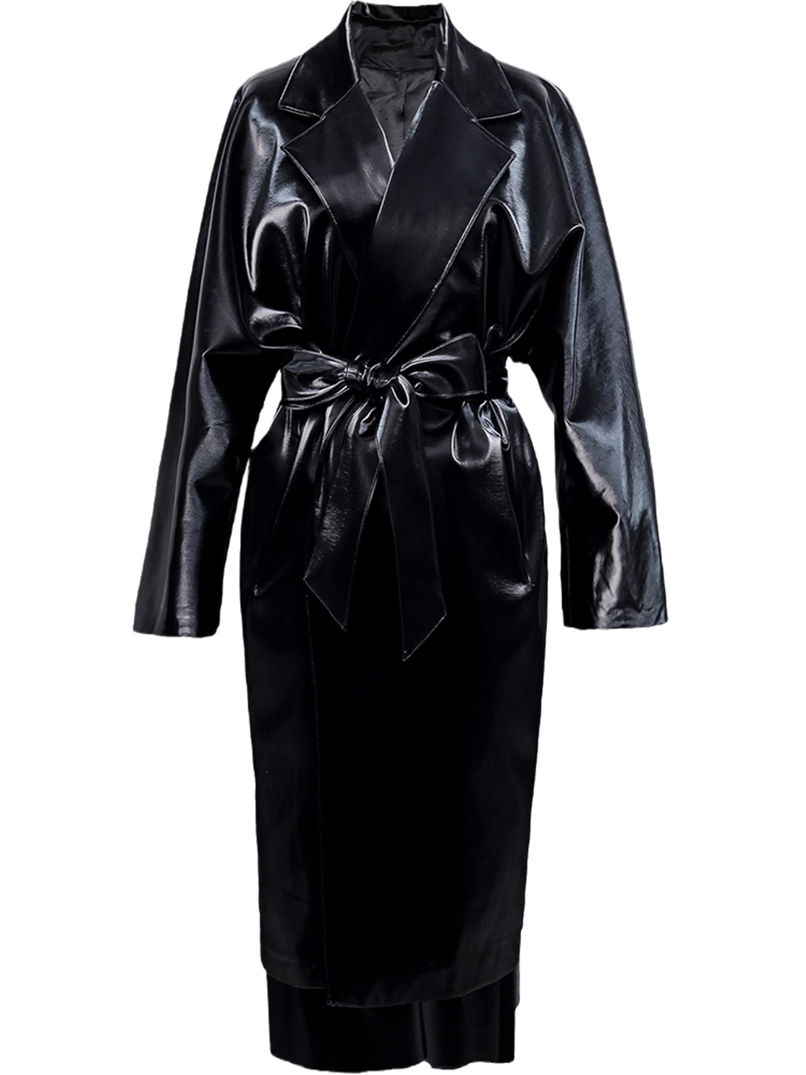 Women's Waterproof Shiny Patent Leather Trench Coat - Oversized Long Raincoat with Belt for Autumn & Spring | Korean Fashion Black Coat for Work, Dating & Outdoor Activities
