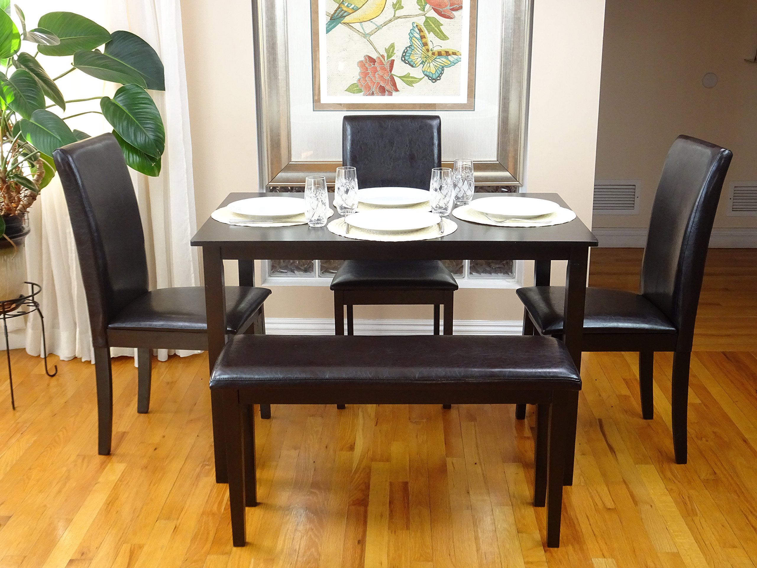 Wickerix 5-Piece Dining Set with Rectangular Table & 3 Wooden Fallabella Chairs Bench in Espresso Finish - Perfect for Kitchen, Patio, and Outdoor Entertaining