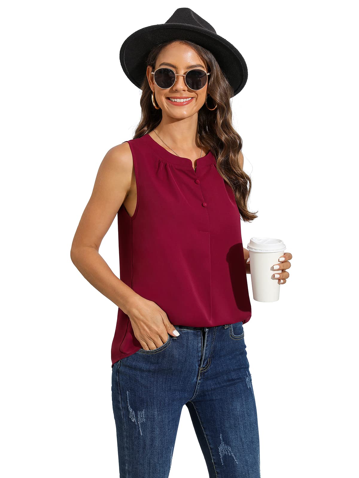 QUEZHU Women's Summer Sleeveless Chiffon Blouse - V Neck Button Down Shirt for Work & Casual Wear | Lightweight Breathable Top for Office, Outing & Vacation