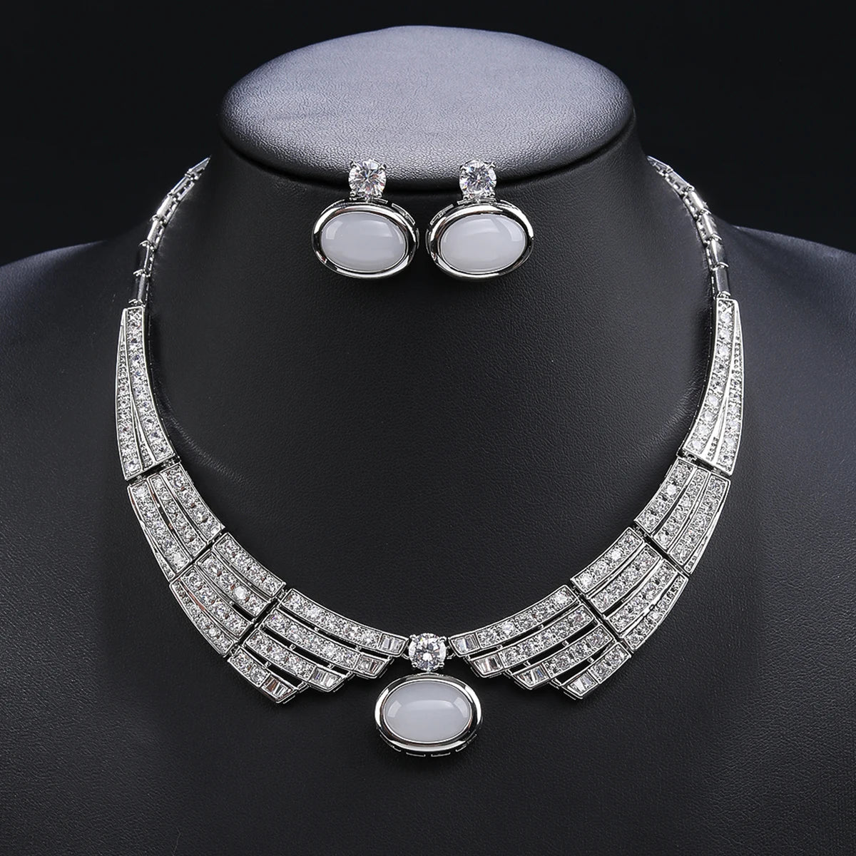 Luxury Blue, Red, Green Imitation Agate Stone Cubic Zirconia Necklace & Earrings Set - Bridal Wedding Jewelry Gift for Women - Perfect for Weddings, Anniversaries, and Special Occasions