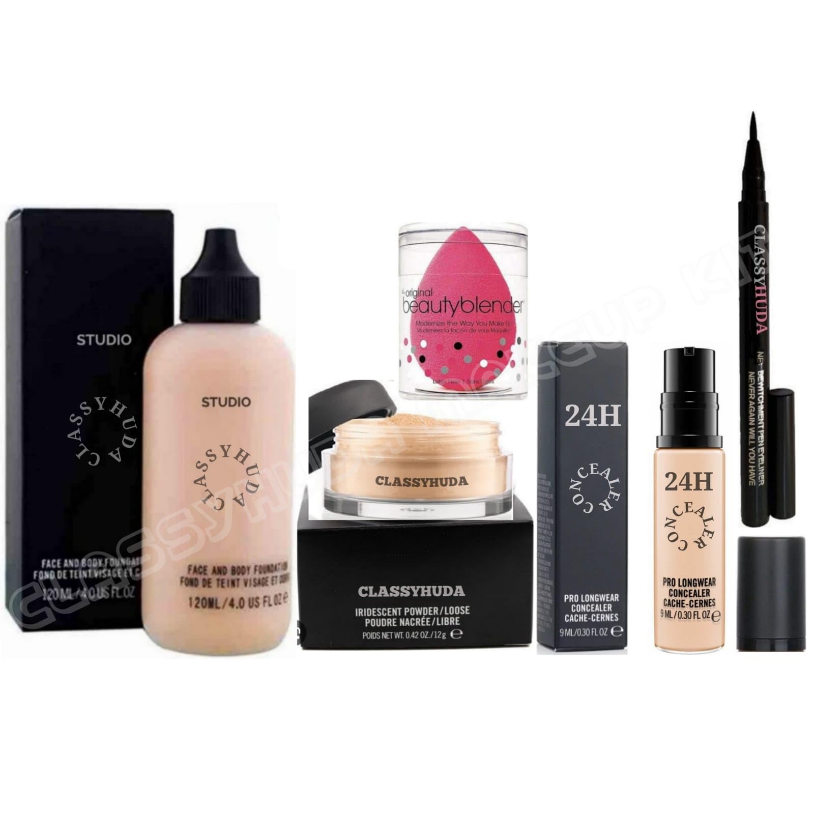 Huda Professional Foundation, Face Powder, Blender, Concealer & Sketch Eyeliner - Mini Makeup Kit (5-Piece Set) for Flawless Everyday Glam & On-the-Go Touch-Ups