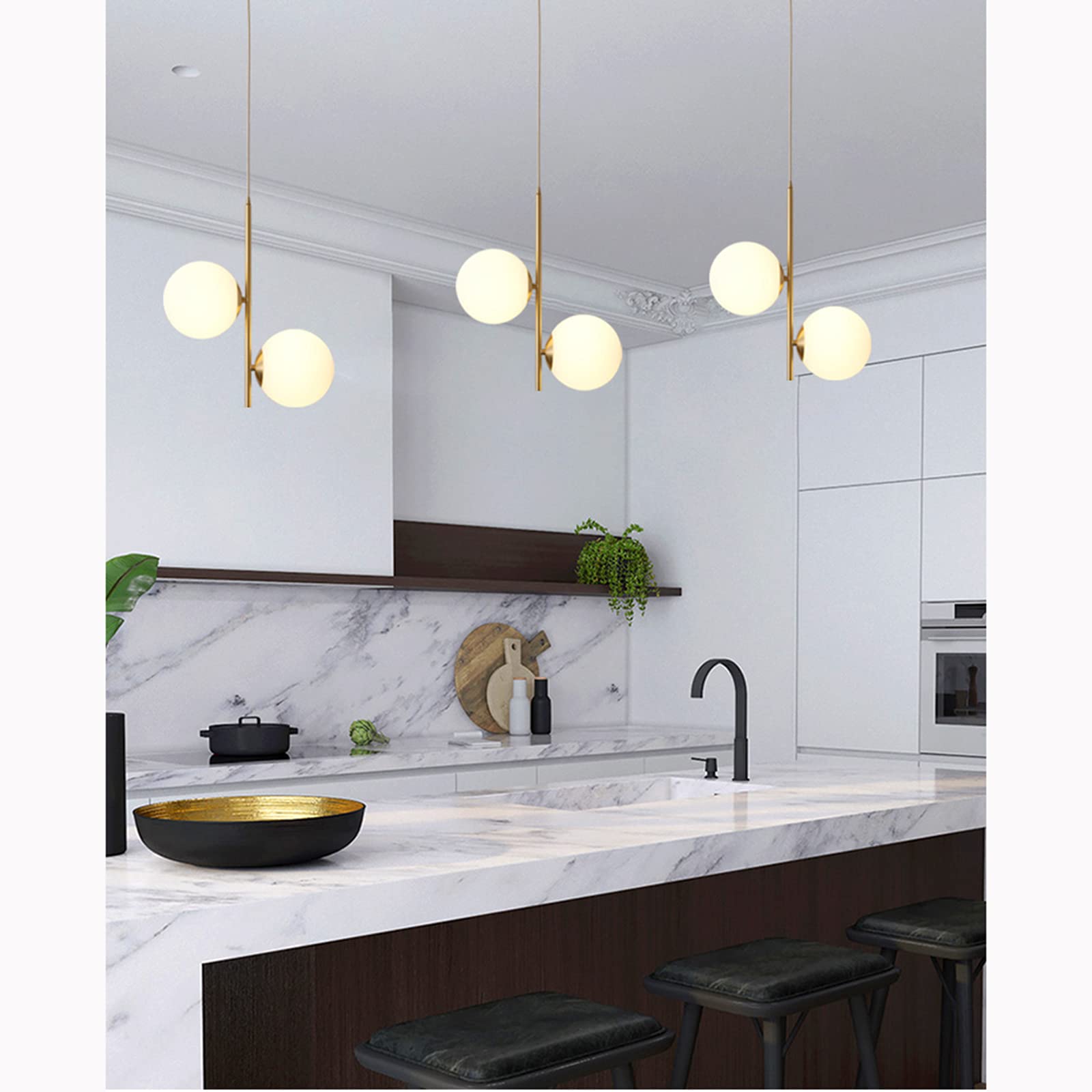 2-Light White Glass Pendant Light Fixture with Brass Gold Metal - Modern Globe Chandelier for Dining Room, Kitchen Island, or Bedroom Ceiling Lighting