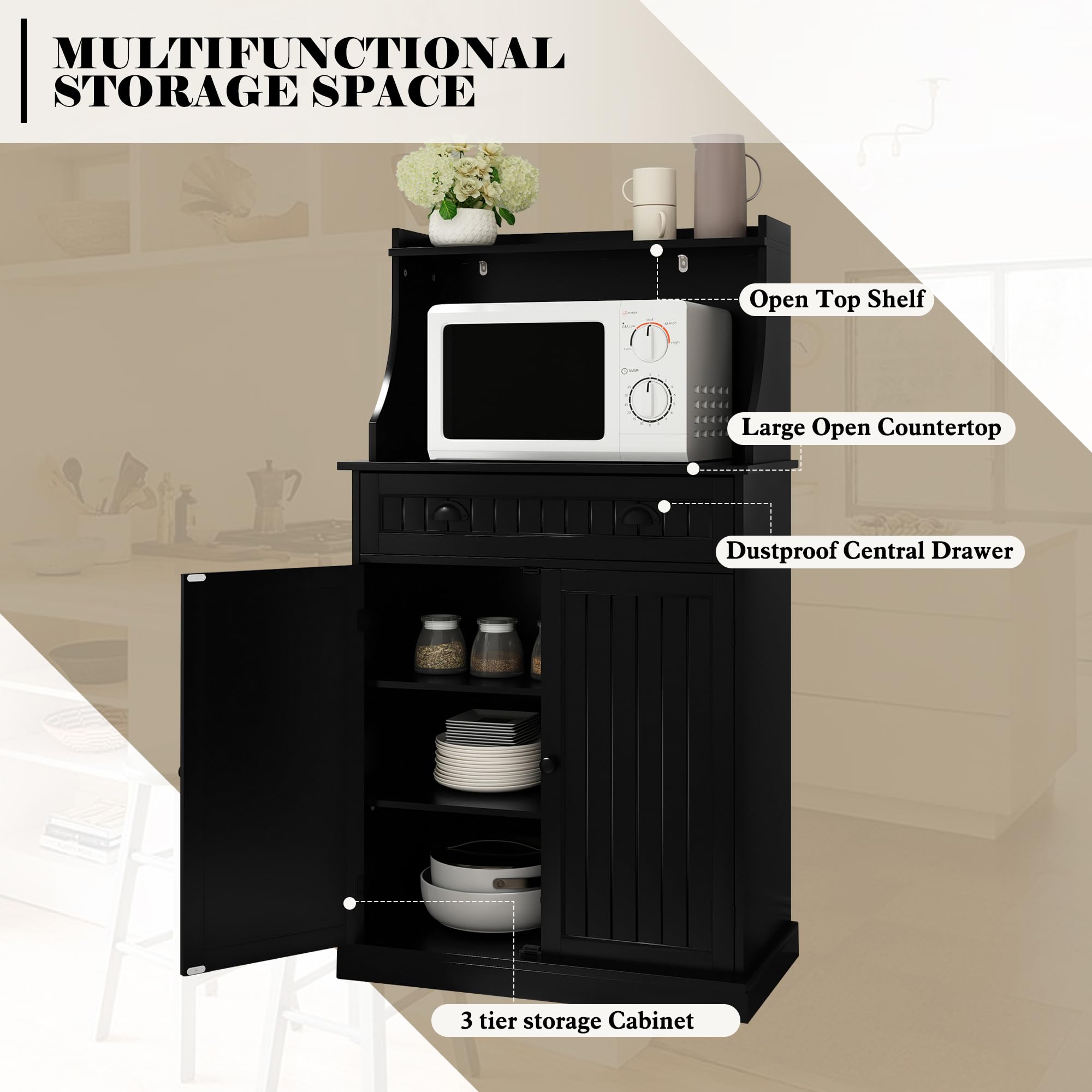 ARTPOWER 54 Inch Kitchen Microwave Stand with Storage Drawers & Adjustable Shelves, Pantry Cabinet with Hutch for Kitchen, Dining Room, Living Room - Perfect for Small Space Organization & Home Decor (Black)