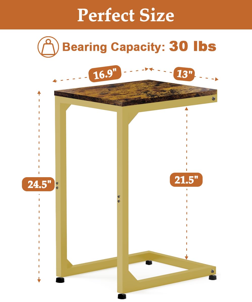 Elegant Gold C Table End Table with Metal Frame - Small Side Table for Couch, Sofa & TV Tray - Perfect for Living Room, Bedroom & Bedside Use - Ideal for Snacking, Reading & Holding Drinks While Relaxing