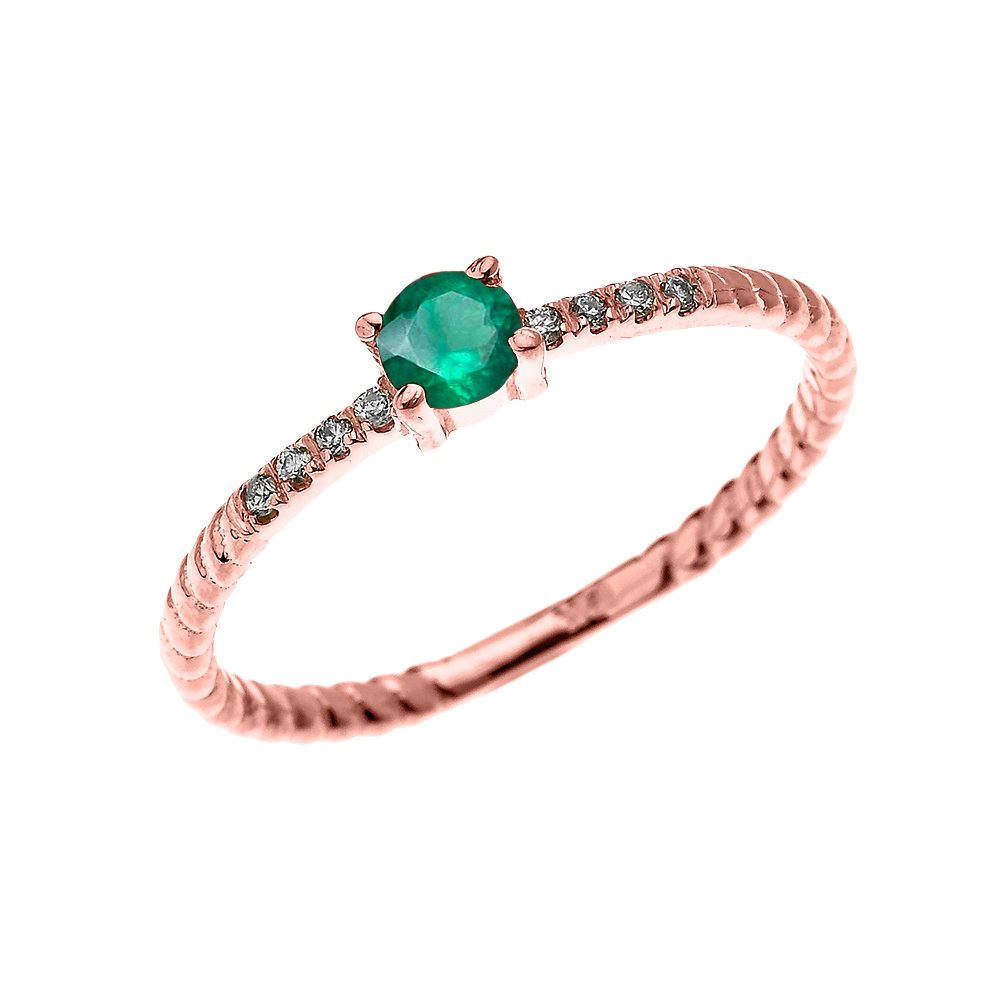 10K Rose Gold Dainty Diamond & Solitaire Emerald Rope Design Stackable Engagement Ring for Women - Perfect for Proposals, Anniversaries & Everyday Elegance