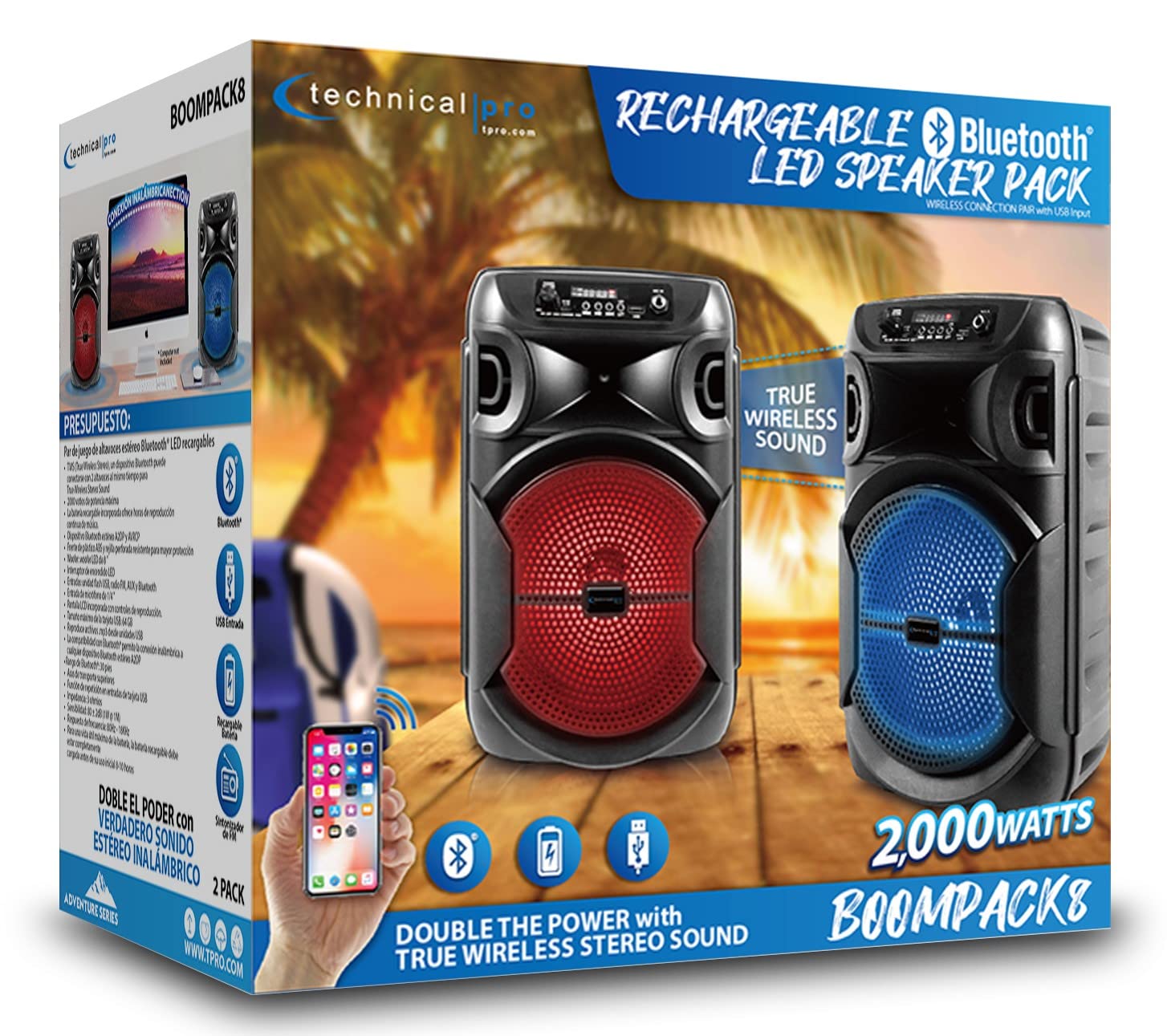 Technical Pro BOOMPACK8 8-inch Portable Wireless Bluetooth Speaker with Rechargeable Battery - Perfect for Outdoor Parties, Beach, Camping & Home Entertainment