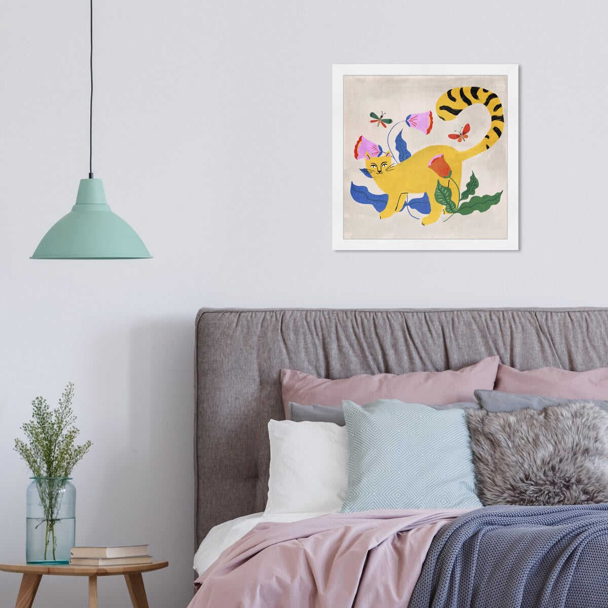 Blonde Tabby Floral Kitten Butterfly Garden Modern Yellow Framed Wall Art Print - Home Decor for Bedroom, Living Room & Nursery | Perfect Gift for Cat Lovers