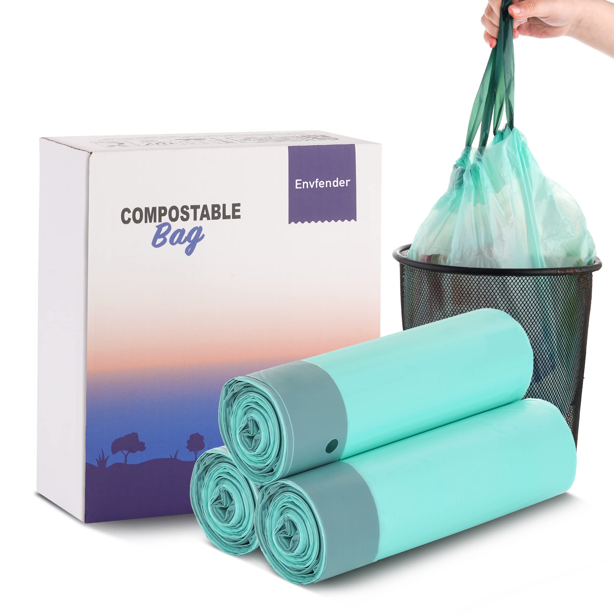 4 Gallon Compostable Trash Bags with Drawstring - 100% Biodegradable & ASTM D6400 BPI Certified - Eco-Friendly Small Trash Bags for Kitchen, Bathroom, Office - Perfect for Food Waste, Daily Cleaning & Sustainable Living