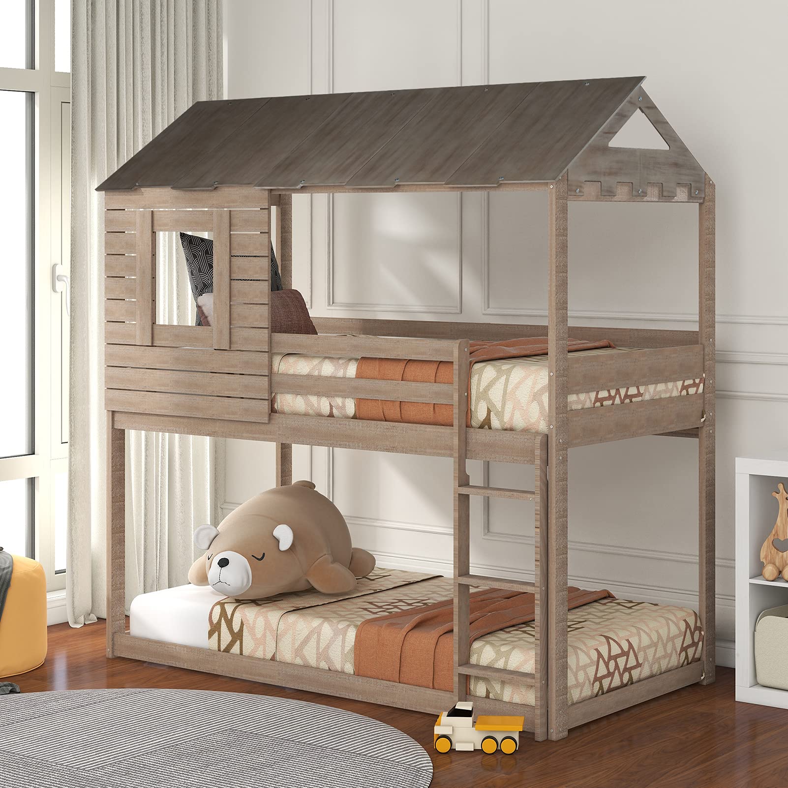 **Rustic Twin Over Twin Bunk Bed with Roof & Window - Sturdy Farmhouse Loft Bed Frame for Kids & Teens | Safety Guardrail, Ladder & Wooden Slats | Perfect for Small Rooms, Shared Kids' Bedrooms & Vacation Homes (Antique Gray)**