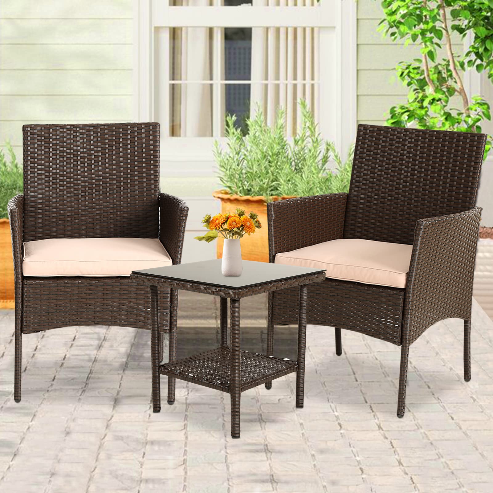 PIKAQTOP 3-Piece Outdoor Patio Furniture Set - PE Rattan Wicker Bistro Set with Cushions & Glass Coffee Table, Space-Saving Khaki Conversation Set for Garden, Balcony or Poolside Relaxation