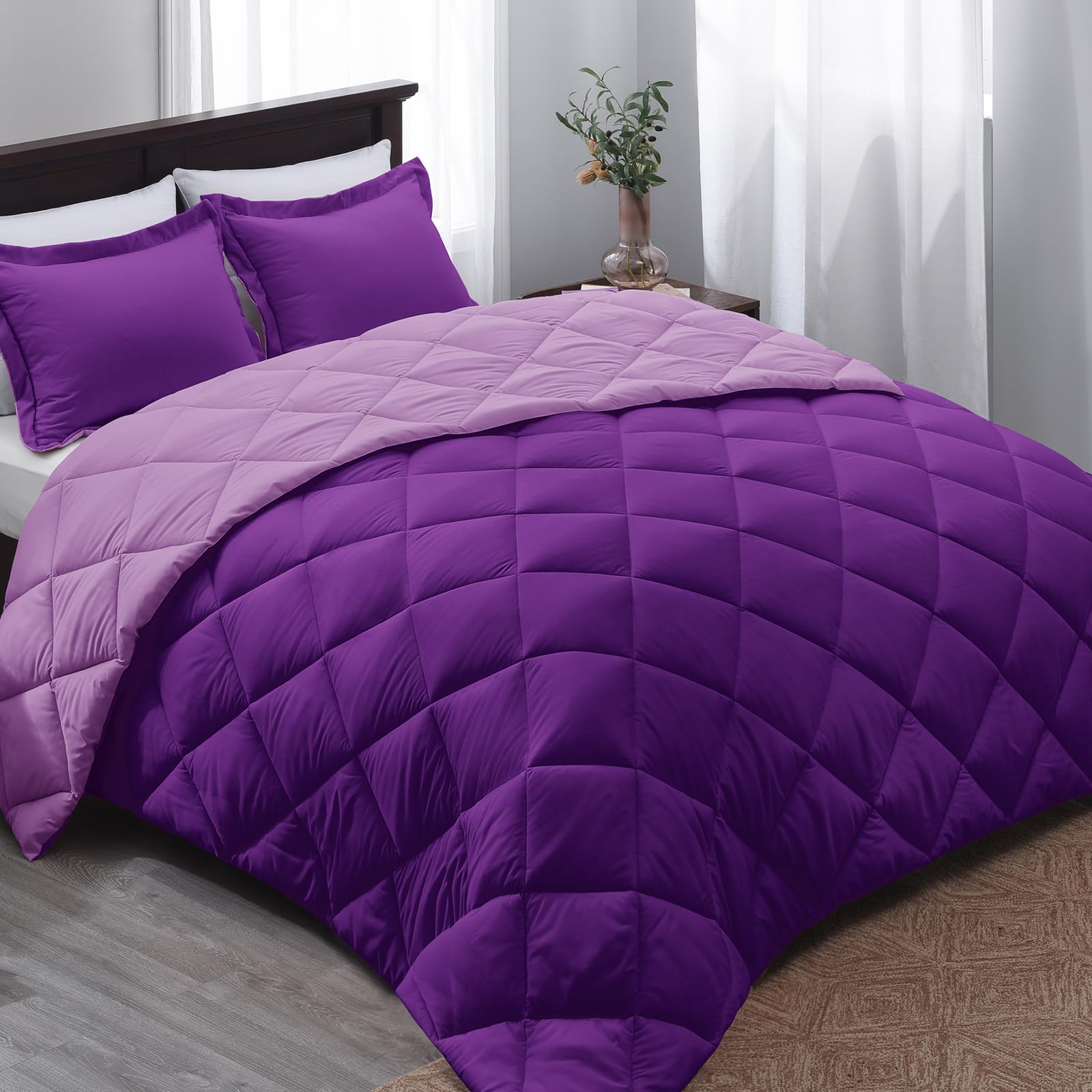 Premium Reversible Queen Comforter Set - All Seasons Purple & Lilac Bedding (88