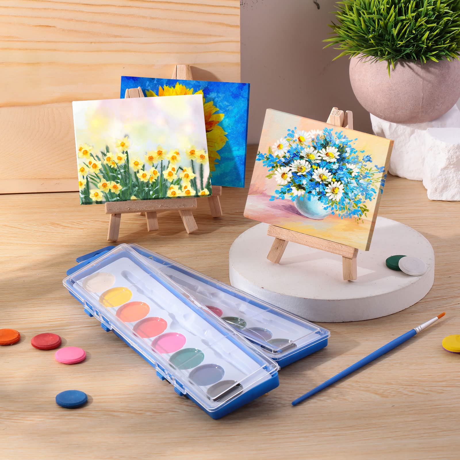Fuutreo 24-Piece Kids Watercolor Paint Set with Mini Canvas Easel & Brushes - Washable Non-Toxic Art Supplies for Birthday Party Favors, Classroom Prizes, Creative Painting Activities