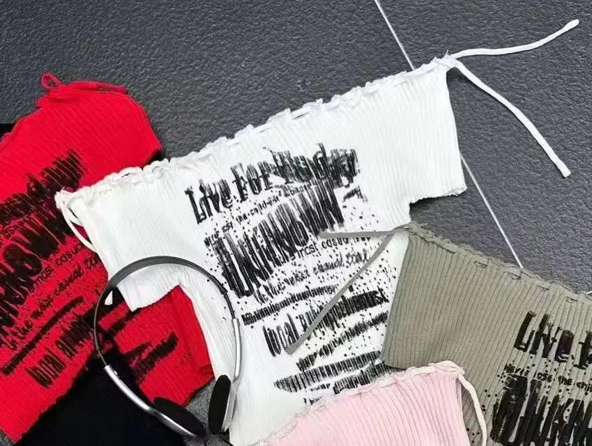 Women's Black Letter Print Short Sleeve Knit T-Shirt - 2024 Summer Red Slim Off-Shoulder Lace-Up Top | Trendy Streetwear for Casual Outings, Beach Vacations & Night Out